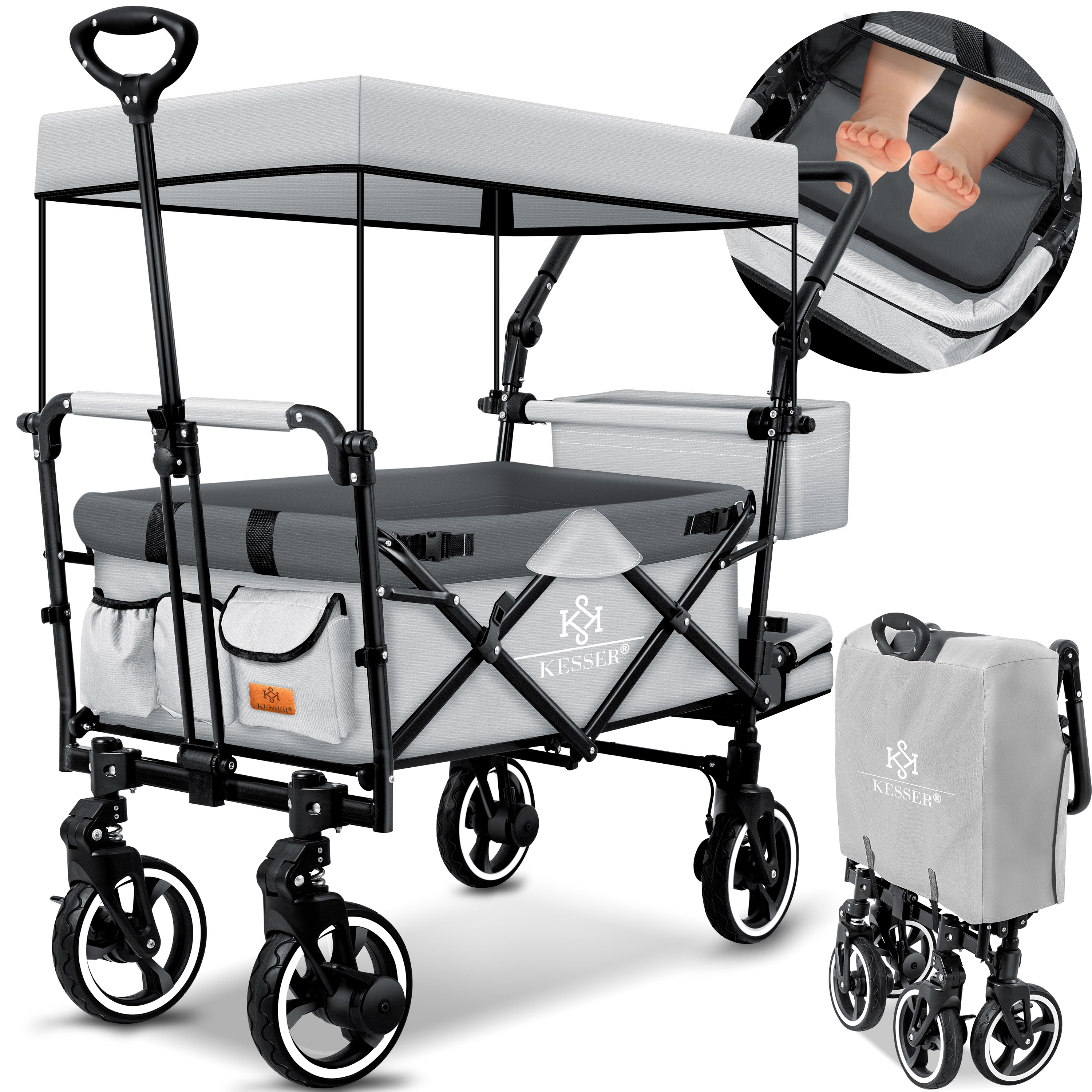 KESSER&reg; Bollerwagen Faltbar GTS-9100 mit Dach Handwagen Transportwagen klappbar belastbar bis 150kg mit Hartgummi-R&auml;der & Feststellbremsen Vorne & Hinten Inkl. Schloss, Abdeckung, Wetter & Sichtschutz - Bild 1