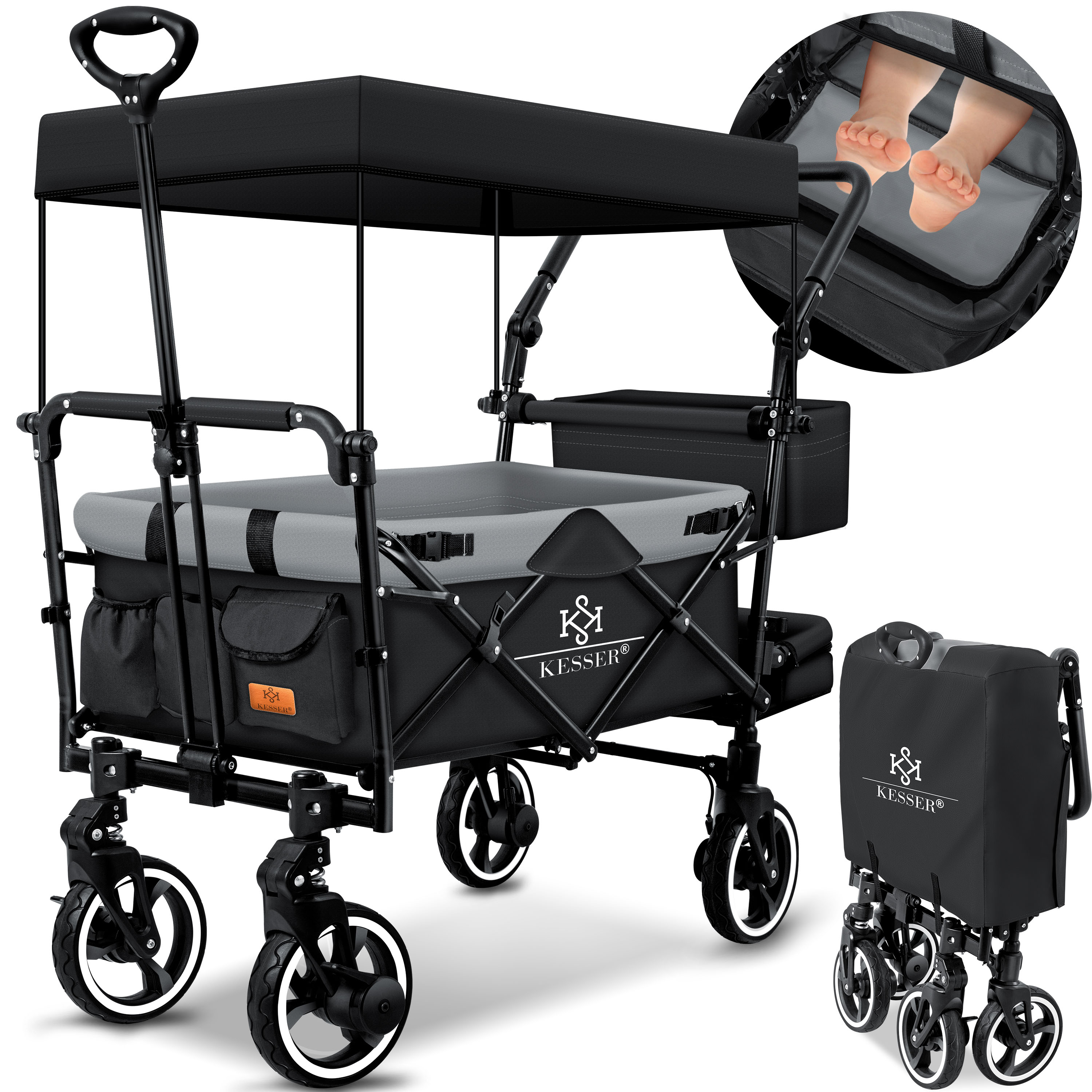 KESSER&reg; Bollerwagen Faltbar GTS-9100 mit Dach Handwagen Transportwagen klappbar belastbar bis 150kg mit Hartgummi-R&auml;der & Feststellbremsen Vorne & Hinten Inkl. Schloss, Abdeckung, Wetter & Sichtschutz - Bild 1
