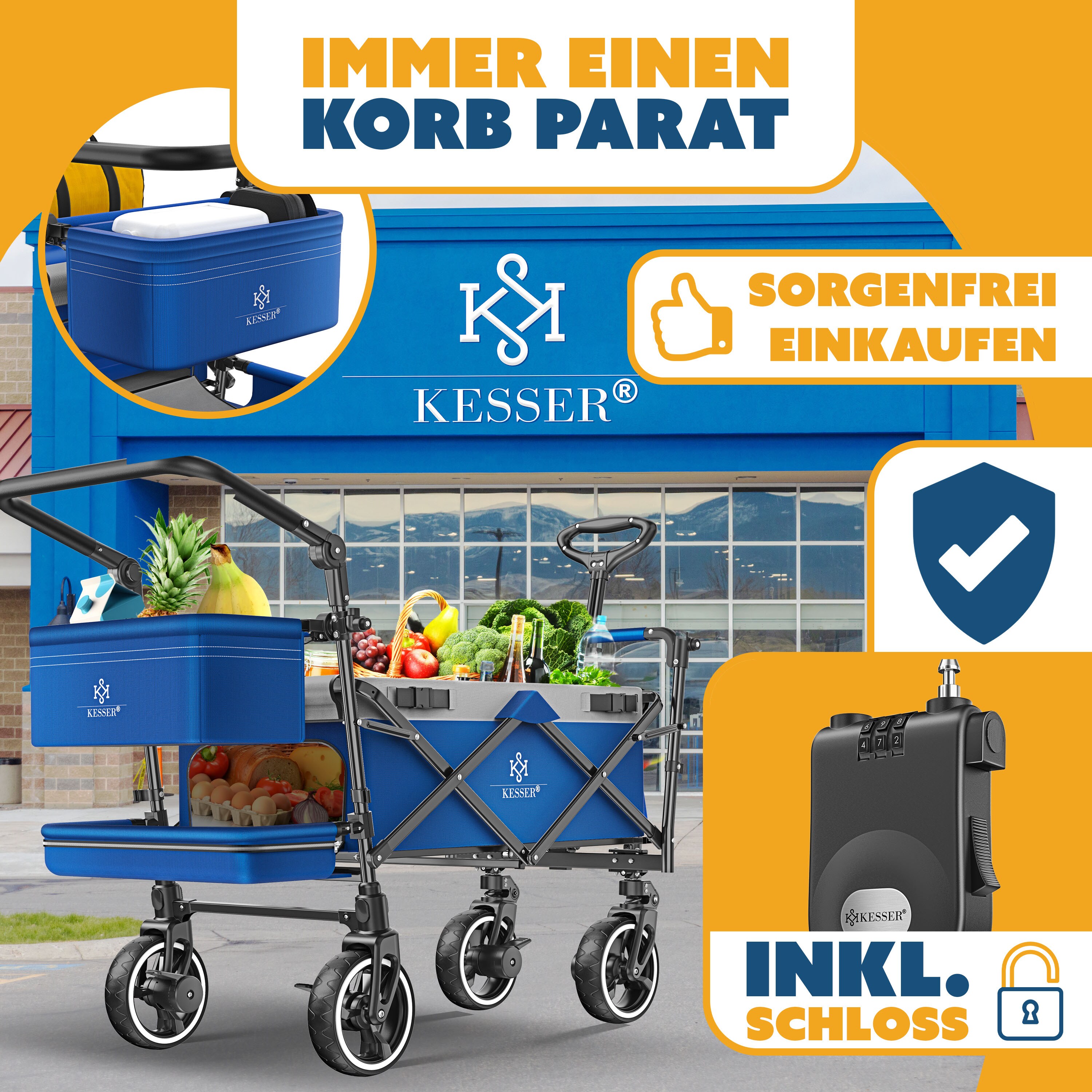 Chariot De Transport Pliable KESSER GTS-9100 - Charge 150 Kg - Toit Amovible - Freins 4 Roues