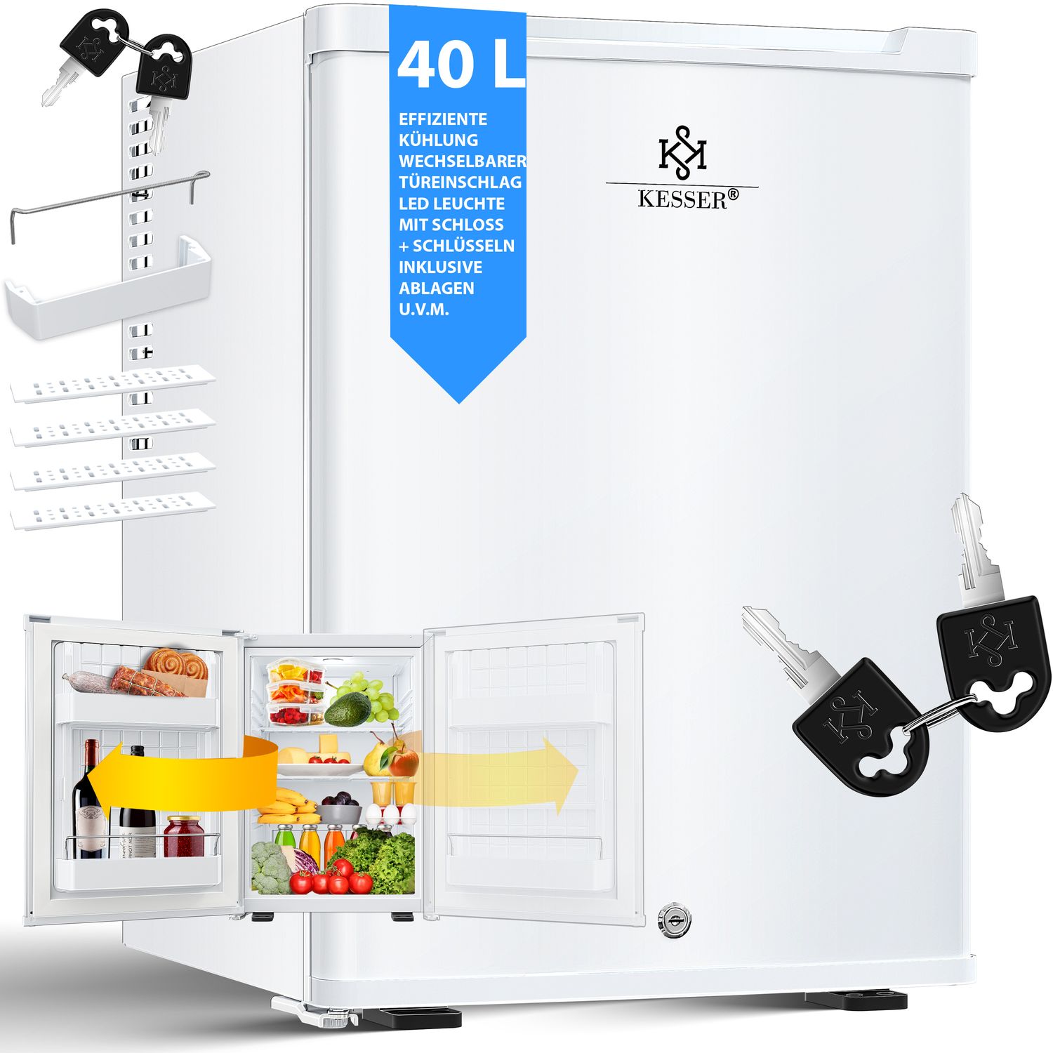KESSER&reg; Minik&uuml;hlschrank mit Schloss, Minibar 40 Liter Nutzinhalt, Leise 22db, Abschlie&szlig;bar, Schlafzimmer, Wechselbarer T&uuml;ranschlag, ca. 4&deg;-16&deg;C H&ouml;he 57cm, Innenbeleuchtung Tisch-K&uuml;hlschrank - Bild 1