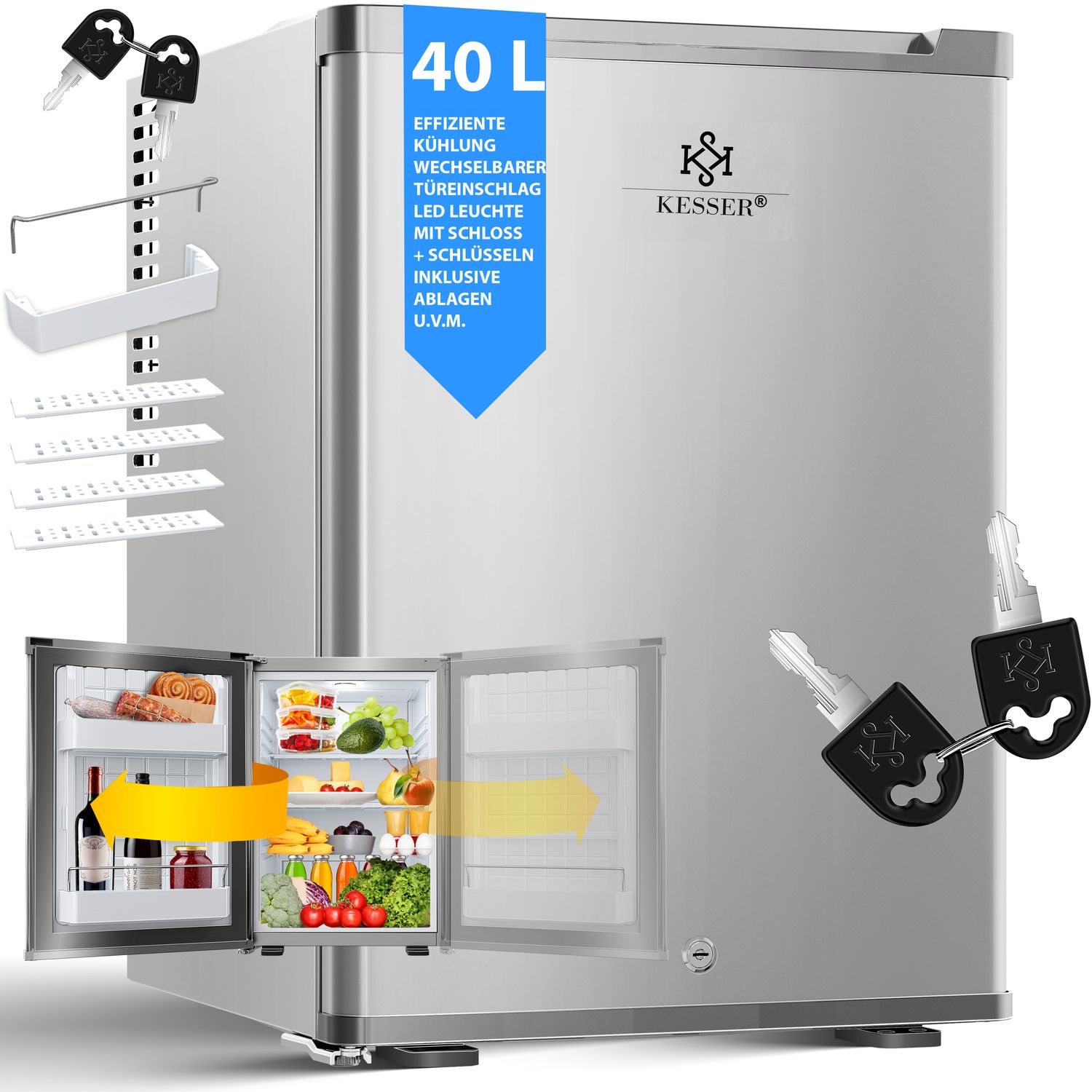 KESSER&reg; Minik&uuml;hlschrank mit Schloss, Minibar 40 Liter Nutzinhalt, Leise 22db, Abschlie&szlig;bar, Schlafzimmer, Wechselbarer T&uuml;ranschlag, ca. 4&deg;-16&deg;C H&ouml;he 57cm, Innenbeleuchtung Tisch-K&uuml;hlschrank - Bild 1