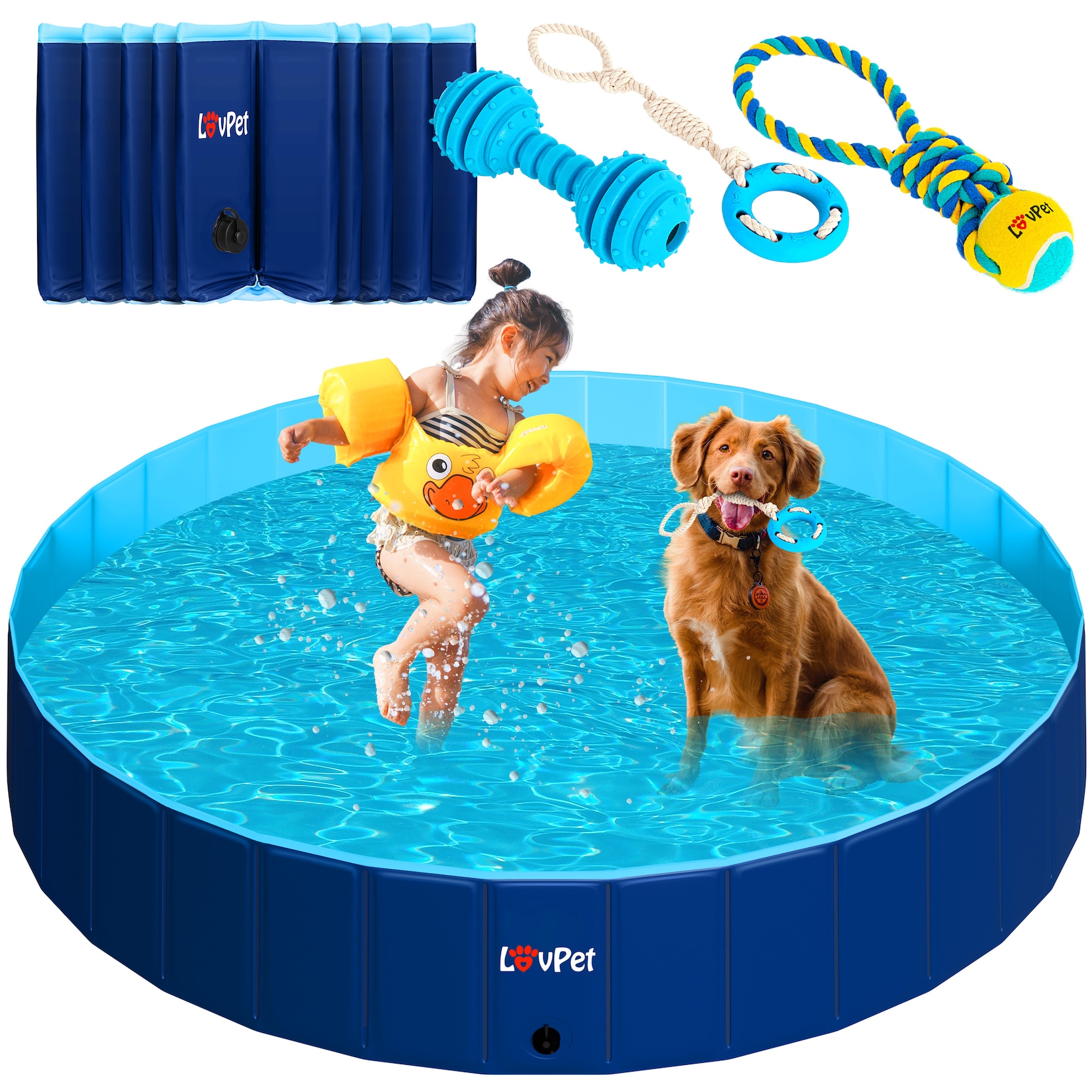 LOVPET® Faltbarer Hundepool Schwimmbecken für Große & Kleine Hunde, inkl. Hundespielzeug Faltbare Hunde Pools Planschbecken für Kinder und Hunde, Hundebadewanne Hundebad
