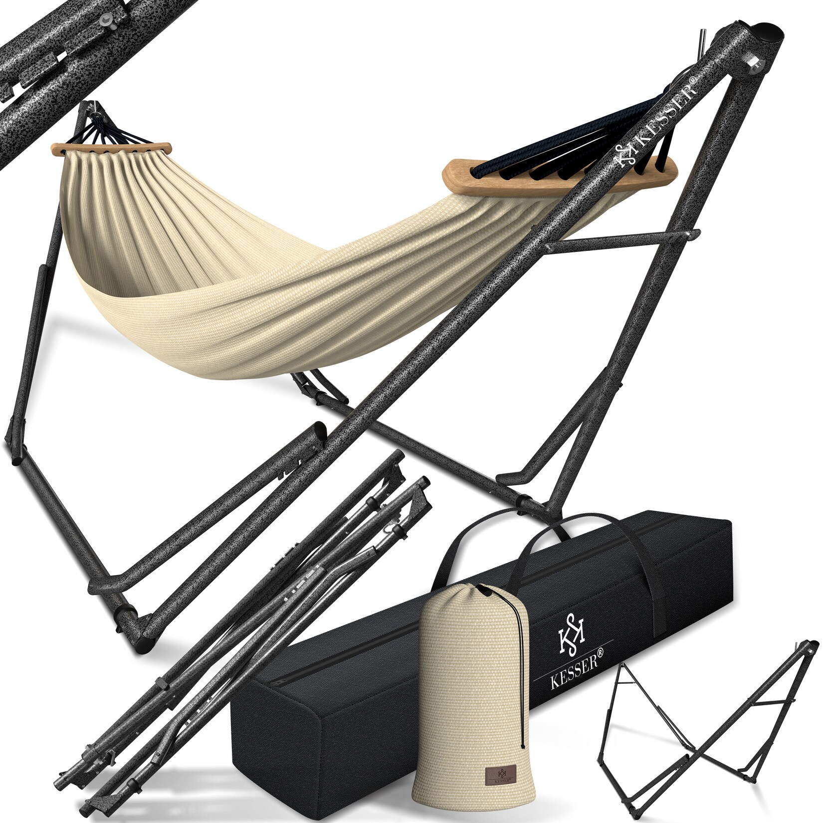 ® Hängematte Vill mit Gestell Metall Faltbar verstellbar Stabiler Rahmen Indoor & Outdoor Mit Tragetasche + Beutel Hängesessel Hängemattengestell Camping Garten Pool Balkon Terrasse