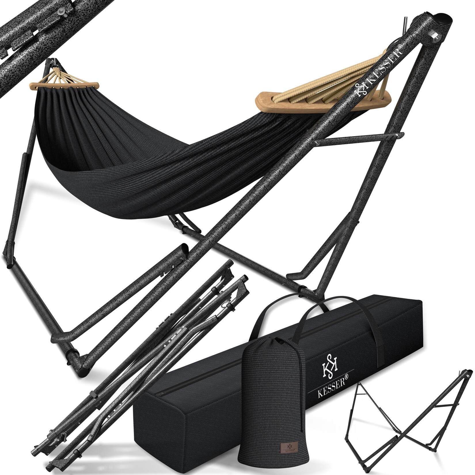 ® Hängematte Vill mit Gestell Metall Faltbar verstellbar Stabiler Rahmen Indoor & Outdoor Mit Tragetasche + Beutel Hängesessel Hängemattengestell Camping Garten Pool Balkon Terrasse