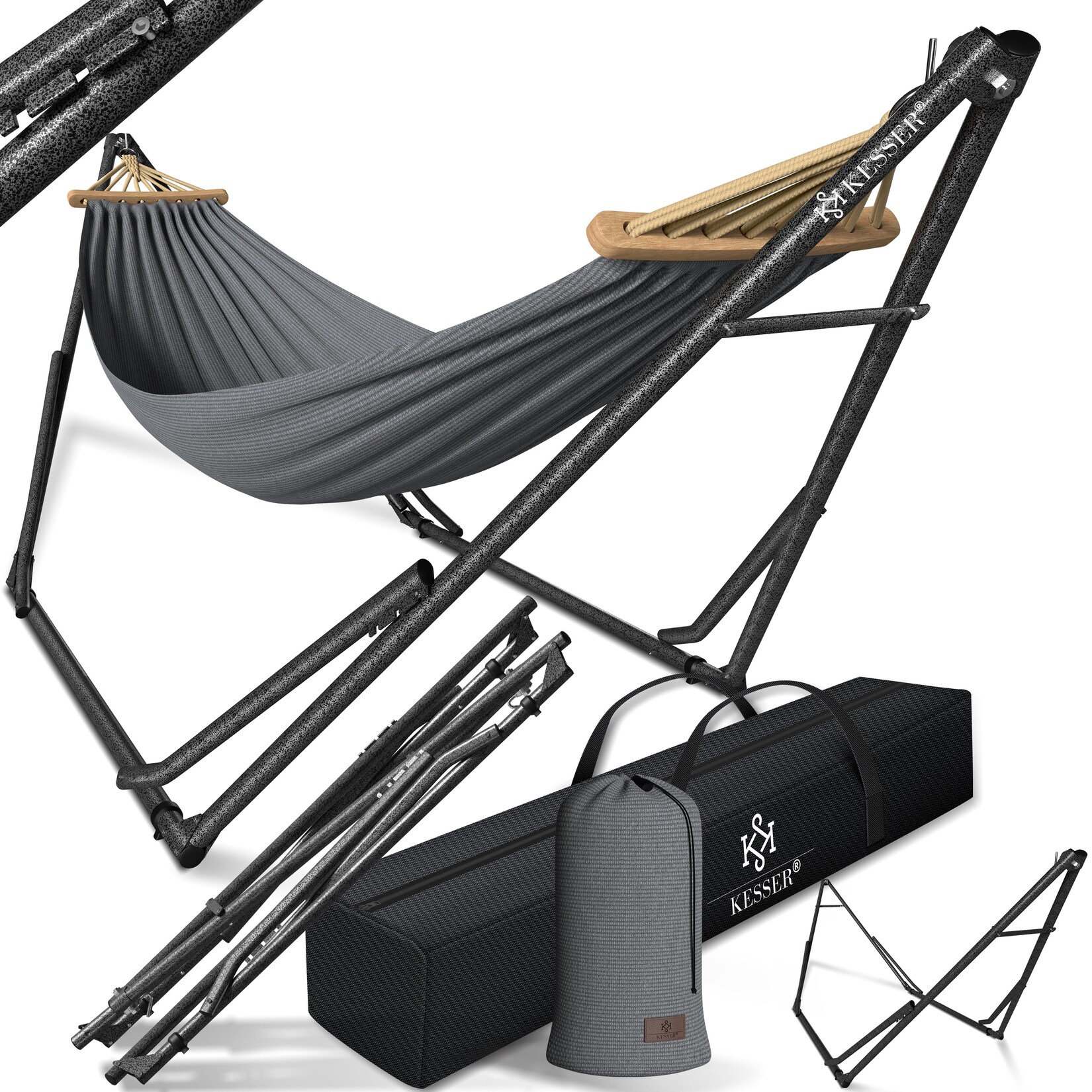 ® Hängematte Vill mit Gestell Metall Faltbar verstellbar Stabiler Rahmen Indoor & Outdoor Mit Tragetasche + Beutel Hängesessel Hängemattengestell Camping Garten Pool Balkon Terrasse