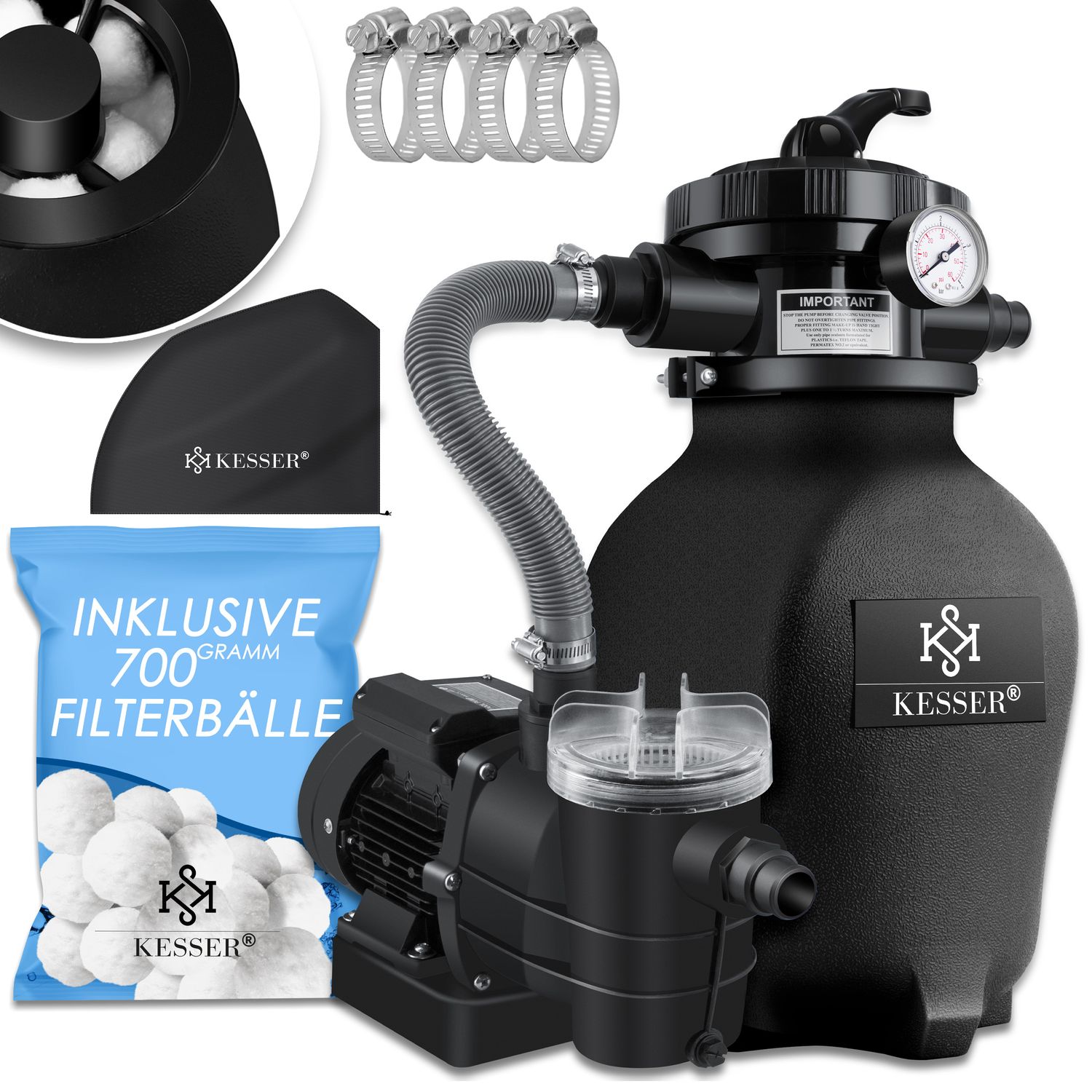 KESSER&reg; Sandfilteranlage Sandfilter + 700g Filterb&auml;lle ersetzen 25kg Filtersand 7-Wege Ventil mit Druckanzeige Poolfilter 10 m&sup3;/h Filteranlage Filterkessel f&uuml;r Pool Schwimmbecken 10.200 L/h - Bild 1