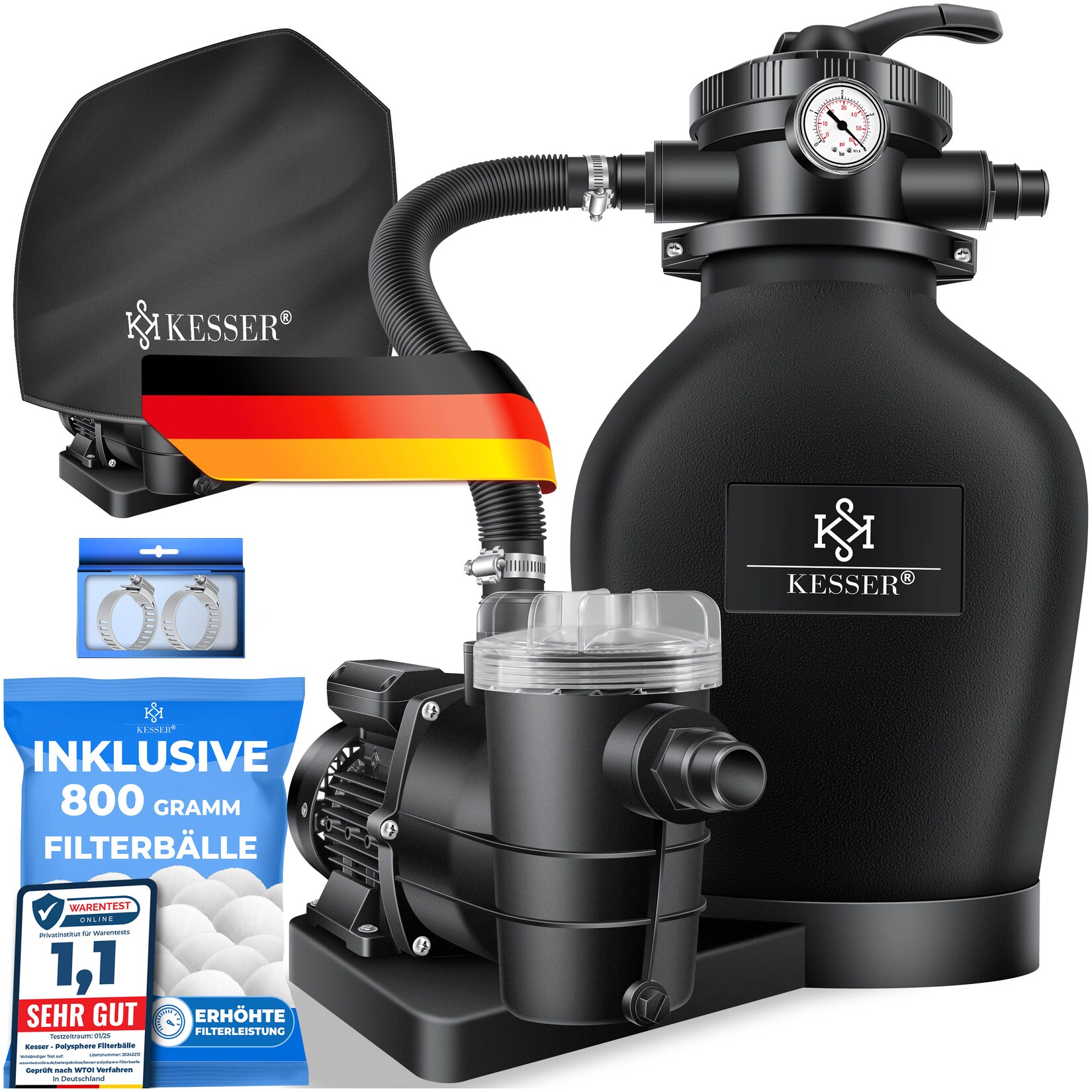 ® Sandfilteranlage Sandfilter +  Filterbälle ersetzen 25kg Filtersand 7-Wege Ventil mit Druckanzeige Poolfilter 10 m³/h Filteranlage Filterkessel für Pool Schwimmbecken 10.200 L/h