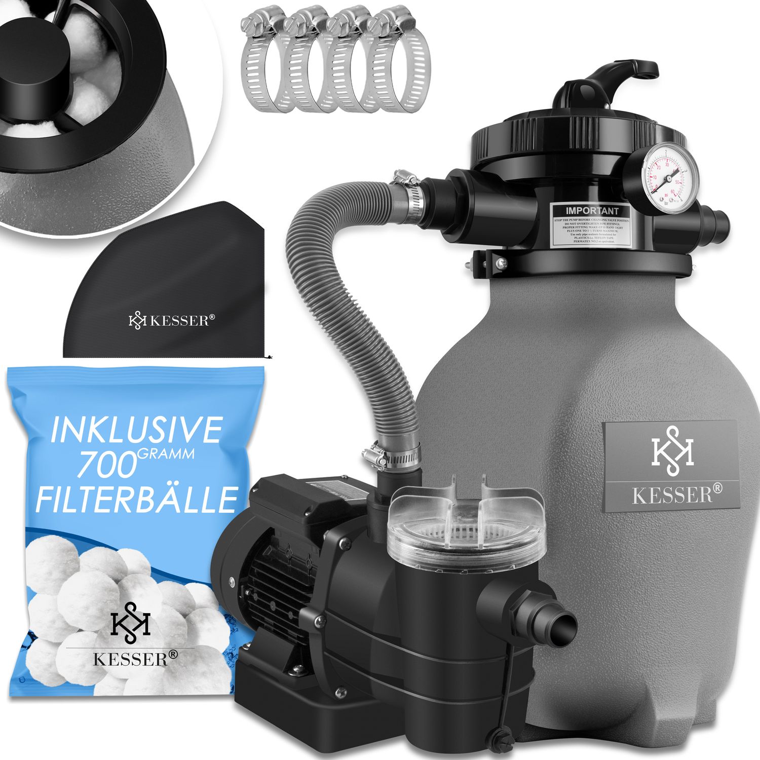 KESSER&reg; Sandfilteranlage Sandfilter + 700g Filterb&auml;lle ersetzen 25kg Filtersand 7-Wege Ventil mit Druckanzeige Poolfilter 10 m&sup3;/h Filteranlage Filterkessel f&uuml;r Pool Schwimmbecken 10.200 L/h - Bild 1