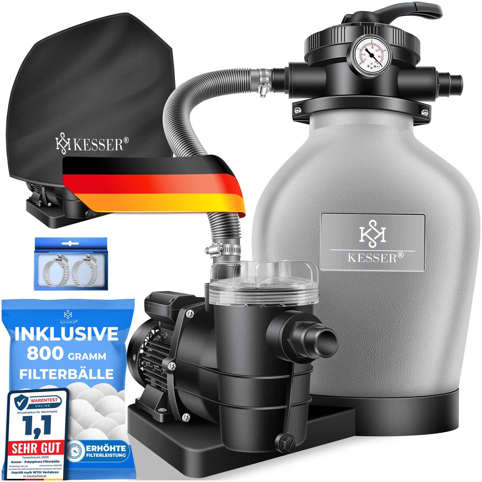 ® Sandfilteranlage Sandfilter +  Filterbälle ersetzen 25kg Filtersand 7-Wege Ventil mit Druckanzeige Poolfilter 10 m³/h Filteranlage Filterkessel für Pool Schwimmbecken 10.200 L/h