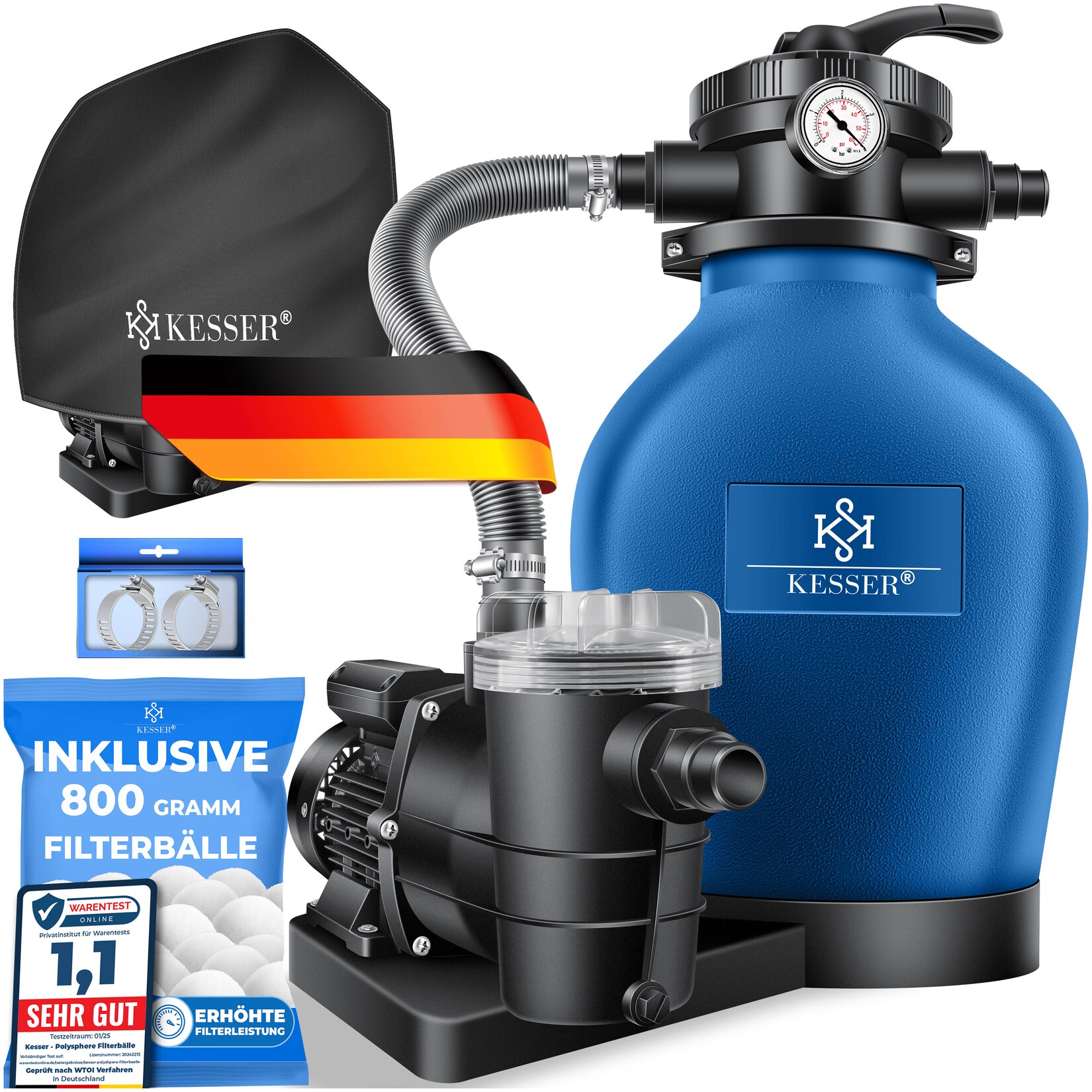 ® Sandfilteranlage Sandfilter +  Filterbälle ersetzen 25kg Filtersand 7-Wege Ventil mit Druckanzeige Poolfilter 10 m³/h Filteranlage Filterkessel für Pool Schwimmbecken 10.200 L/h