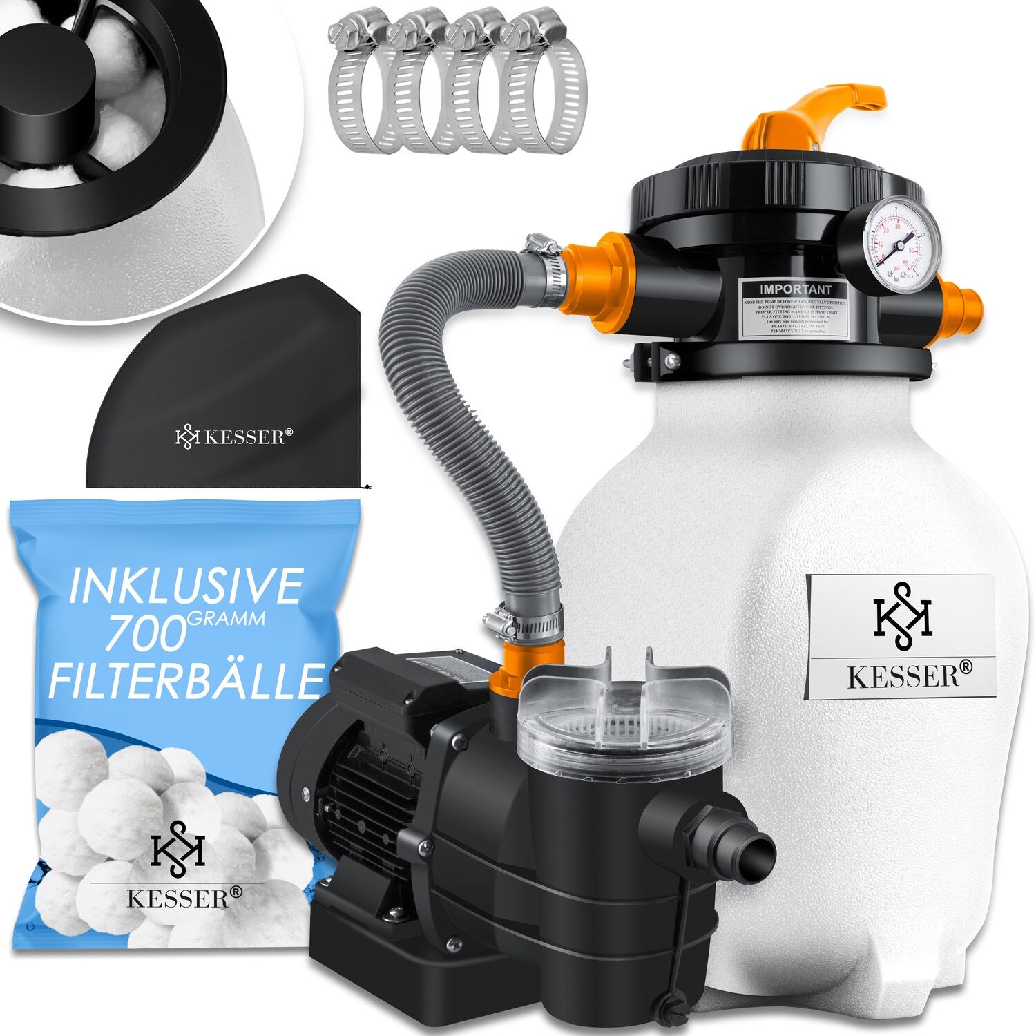 KESSER® Sandfilteranlage Sandfilter + 700g Filterbälle ersetzen 25kg Filtersand 7-Wege Ventil mit Druckanzeige Poolfilter 10 m³/h Filteranlage Filterkessel für Pool Schwimmbecken 10.200 L/h | 04260729118080