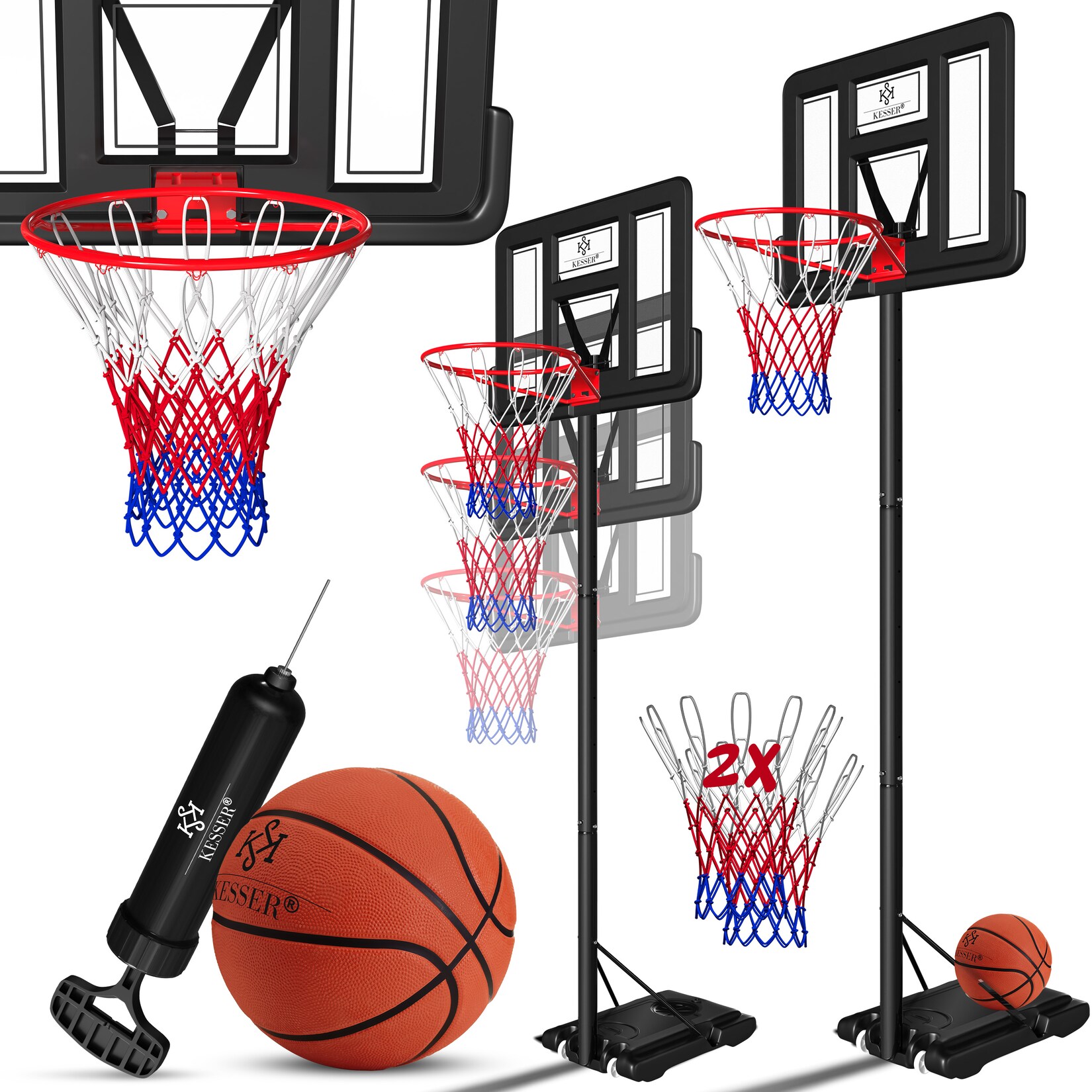 KESSER® Basketballkorb Premium mit Ständer Rollen Inkl. Basketball + Pumpe verstellbare Korbhöhe 230 bis 305 cm höhenverstellbar Korbanlage Outdoor komplett Basketballanlage für Erwachsene Kinder