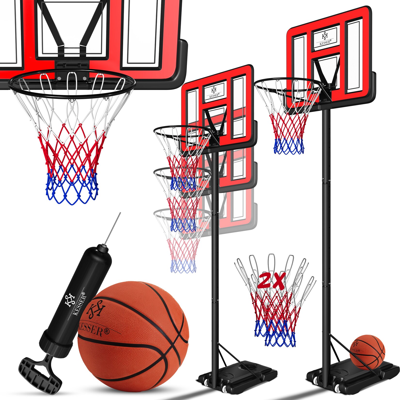KESSER® Basketballkorb Premium mit Ständer Rollen Inkl. Basketball + Pumpe verstellbare Korbhöhe 230 bis 305 cm höhenverstellbar Korbanlage Outdoor komplett Basketballanlage für Erwachsene Kinder