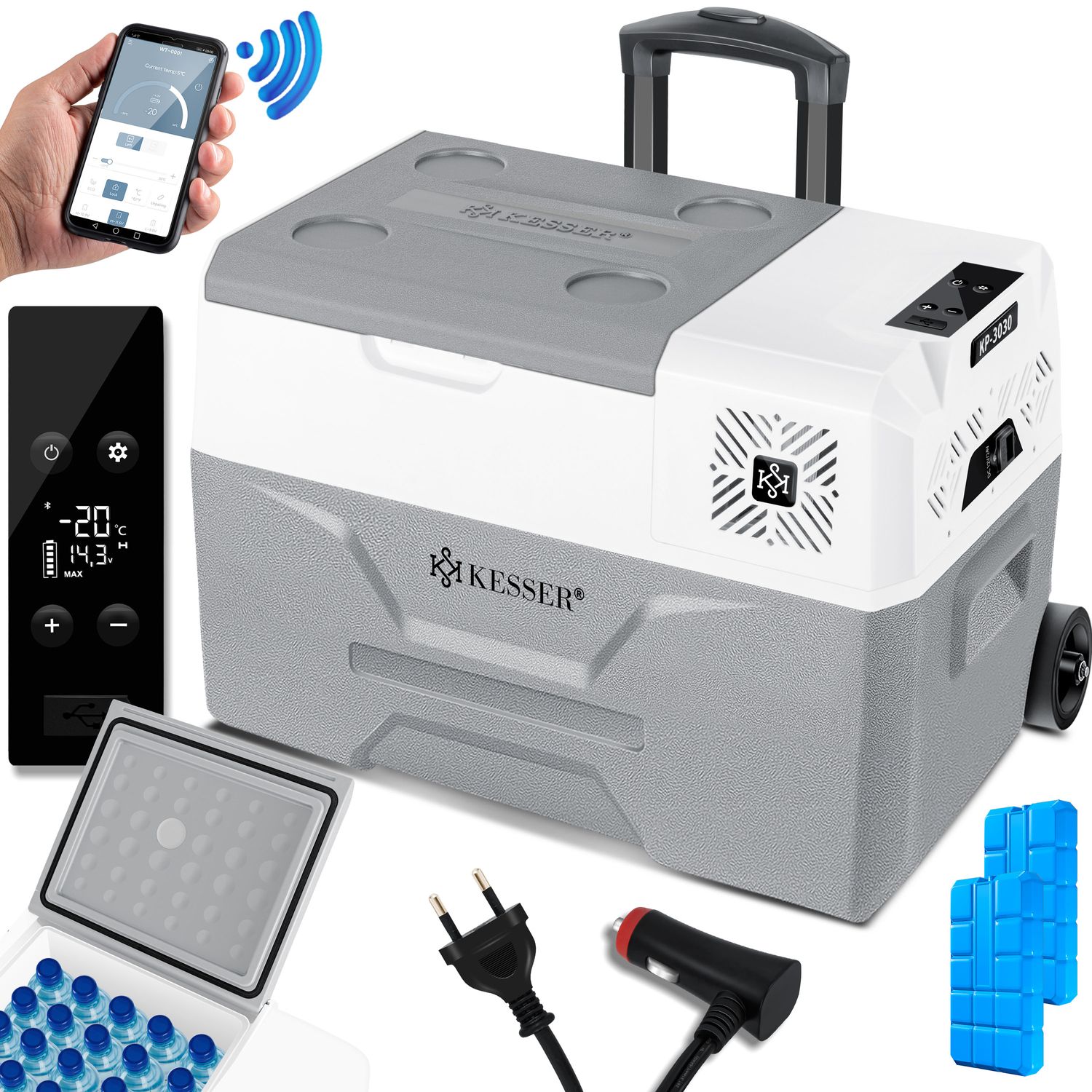 KESSER&reg; Kompressor K&uuml;hlbox elektrisch Gefrierbox, Mit APP-Steuerung USB-Anschluss 12/24 V 230V, +Teleskopstange, K&uuml;hlakkus R&auml;der K&uuml;hlschrank K&uuml;hlung bis -20 &deg;C f&uuml;r Auto, Lkw, Boot, Reisemobil, Camping - Bild 1