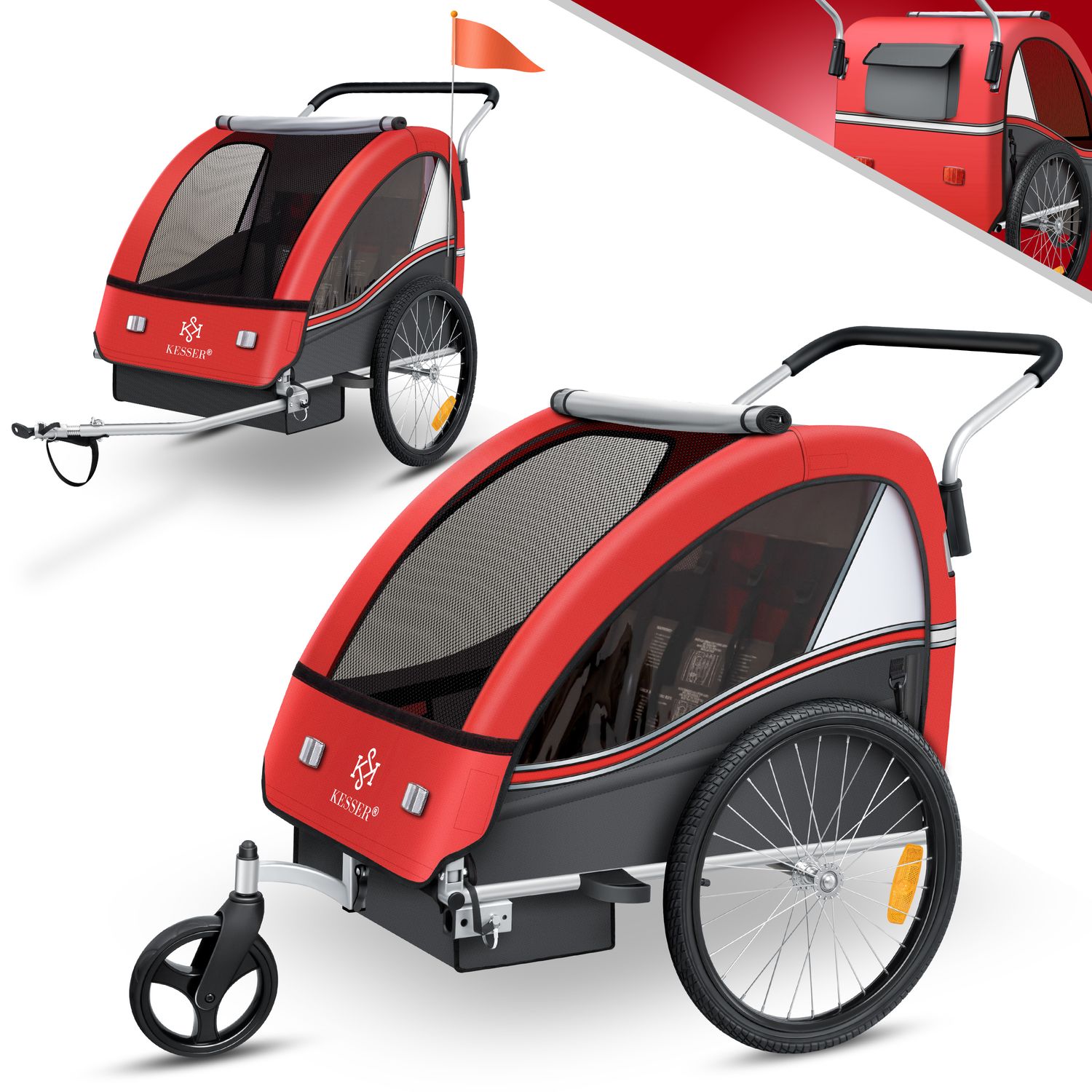 KESSER&reg; Kinderanh&auml;nger Fahrradanh&auml;nger Sport-RX 2 in 1 Joggerfunktion Kinderfahrradanh&auml;nger + 5-Punkt Sicherheitsgurt 360&deg;-Vorderrad Jogger Buggy Fahrrad Anh&auml;nger f&uuml;r 1 bis 2 Kinder max. 40kg - Bild 1