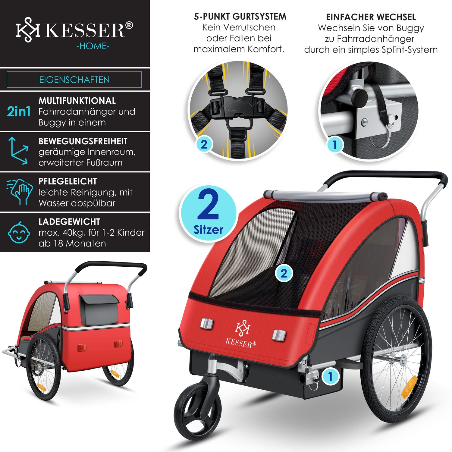 KESSER Kinderanhnger Fahrradanhnger Sport-RX 2 in 1 Joggerfunktion  Kinderfahrradanhnger + 5-Punkt Sicherheitsgurt 360-Vorderrad Jogger Buggy  Fahrrad Anhnger fr 1 bis 2 Kinder max. 40kg online kaufen bei Netto