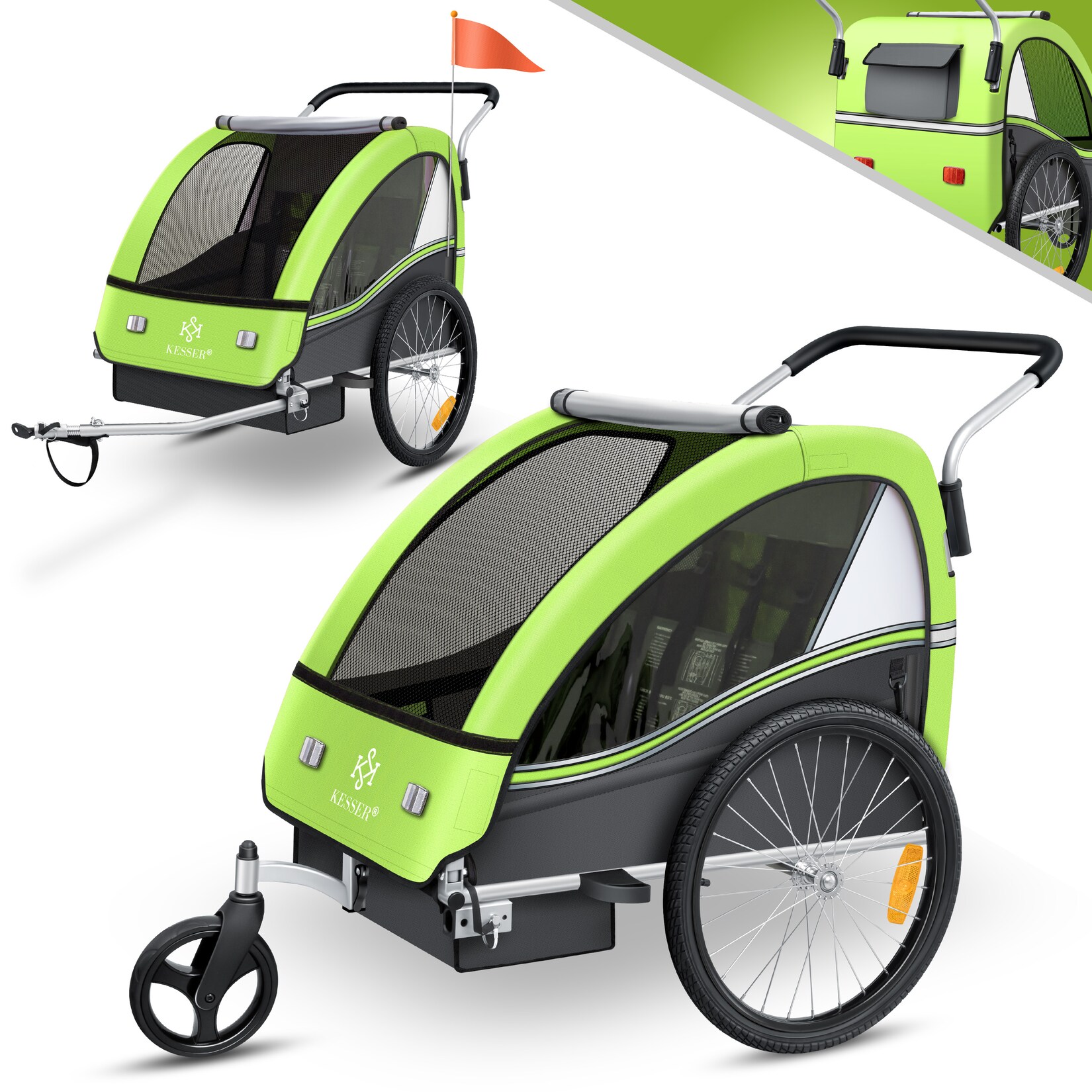 KESSER® Kinderanhänger Fahrradanhänger Sport-RX 2 in 1 Joggerfunktion Kinderfahrradanhänger + 5-Punkt Sicherheitsgurt 360°-Vorderrad Jogger Buggy Fahrrad Anhänger für 1 bis 2 Kinder max. 40kg