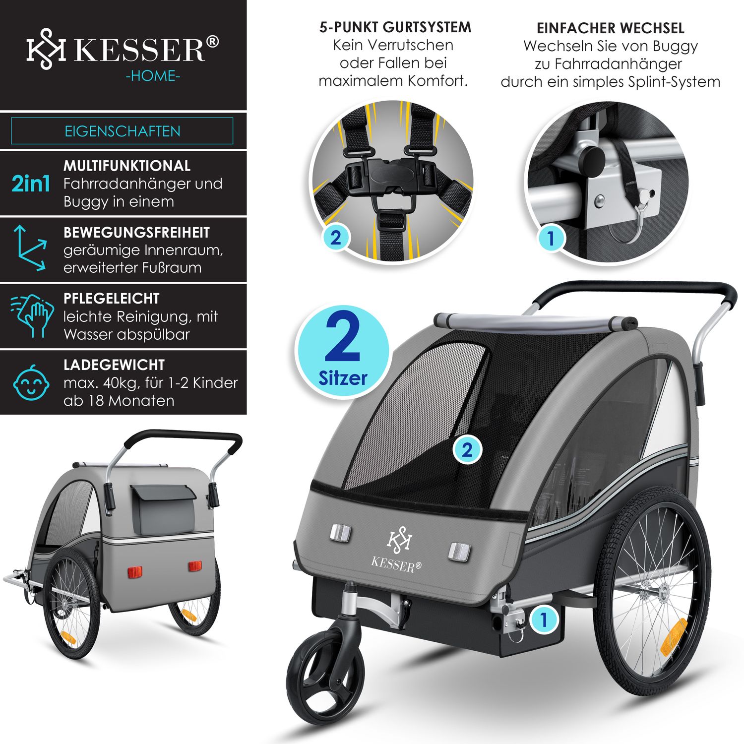 KESSER Kinderanhnger Fahrradanhnger Sport-RX 2 in 1 Joggerfunktion  Kinderfahrradanhnger + 5-Punkt Sicherheitsgurt 360-Vorderrad Jogger