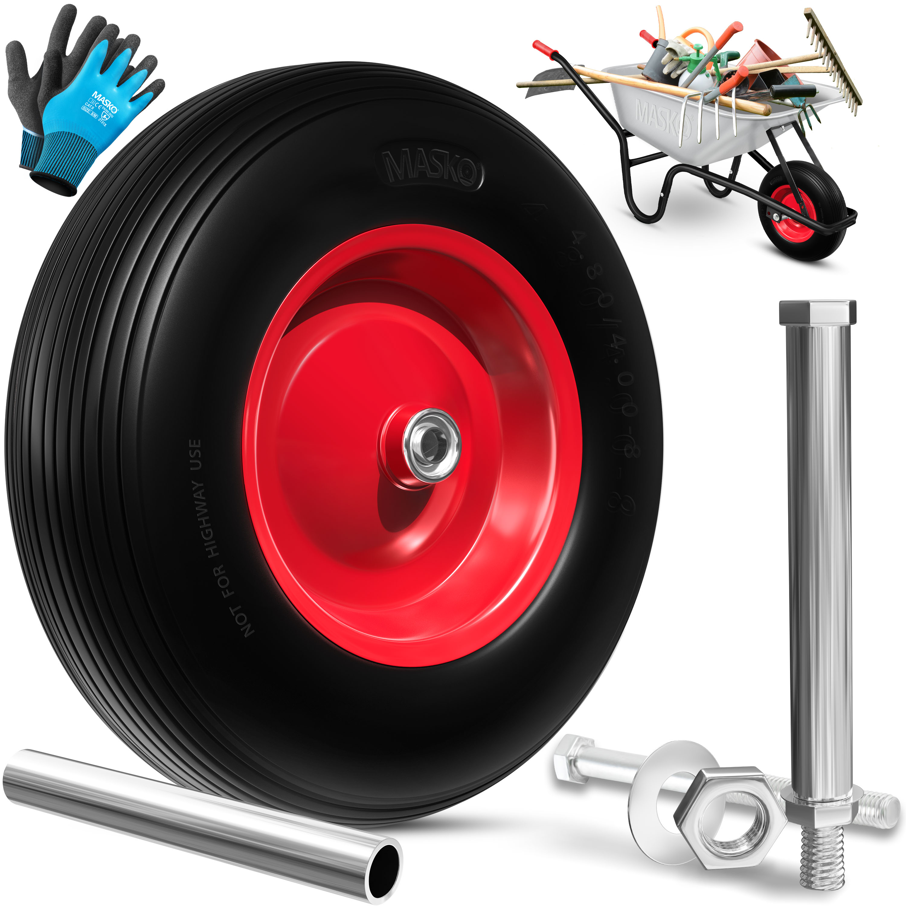 MASKO&reg; PU Schubkarrenrad Vollgummi 200 kg pannensicher 4.80/4.00-8 &Oslash; 390mm inkl. Achse Ersatzrad Gummirad Stahlfelge Reifen pannensicher f&uuml;r Schubkarre Gartenkarren pannensicheres PU Rad - Bild 1