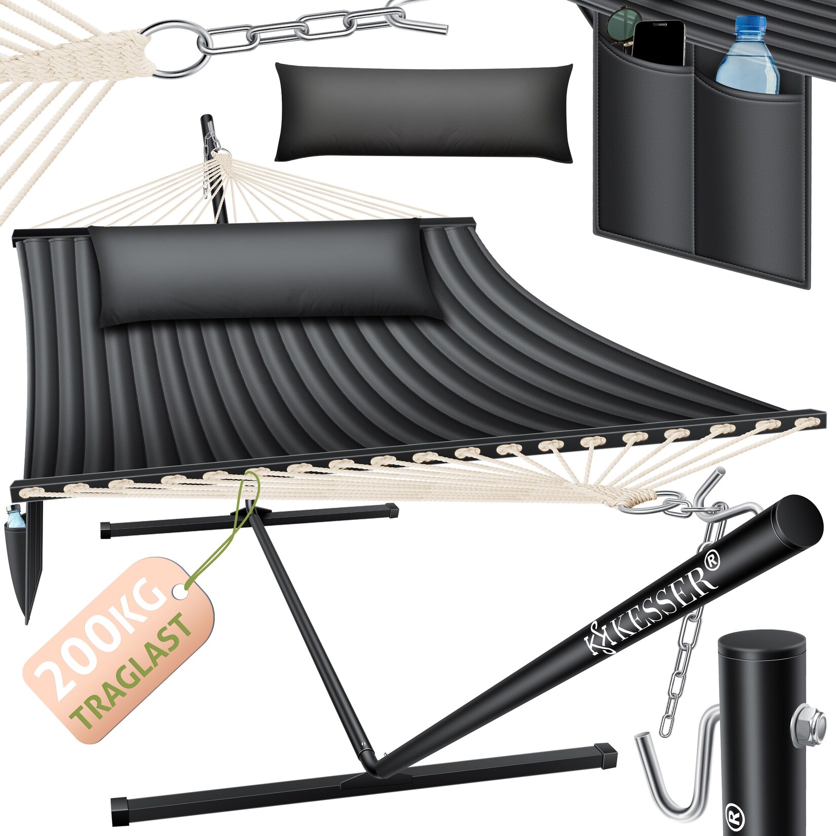 ® Hängematte HILL mit Gestell Kissen Doppelhängematte für 2 Personen-Stabiler Rahmen - Belastbarkeit Indoor & Outdoor XXL Hängesessel Doppel Mehrpersonen Garten Pool Balkon Terrasse