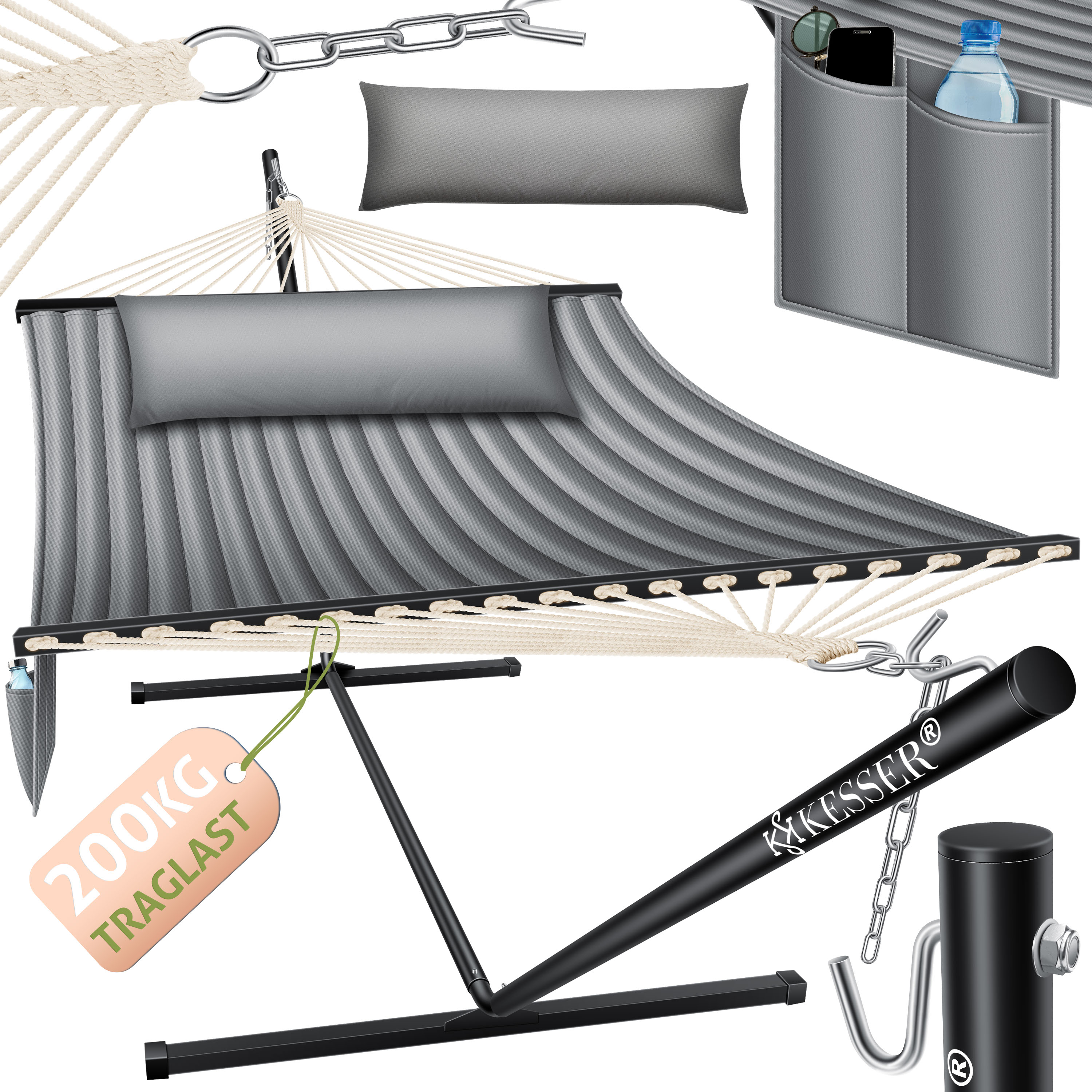 KESSER&reg; H&auml;ngematte HILL mit Gestell Kissen Doppelh&auml;ngematte f&uuml;r 2 Personen-Stabiler Rahmen -200kg Belastbarkeit Indoor & Outdoor XXL H&auml;ngesessel Doppel Mehrpersonen Garten Pool Balkon Terrasse - Bild 1