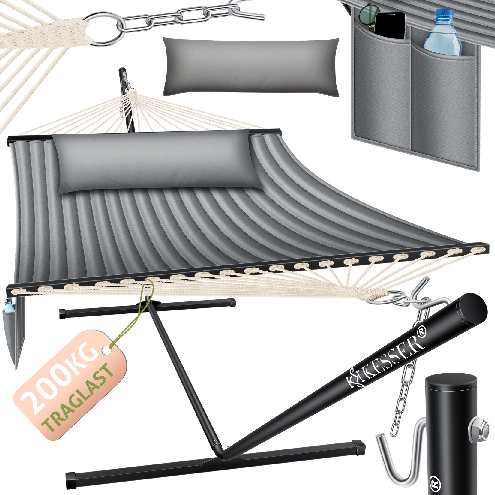 ® Hängematte HILL mit Gestell Kissen Doppelhängematte für 2 Personen-Stabiler Rahmen - Belastbarkeit Indoor & Outdoor XXL Hängesessel Doppel Mehrpersonen Garten Pool Balkon Terrasse