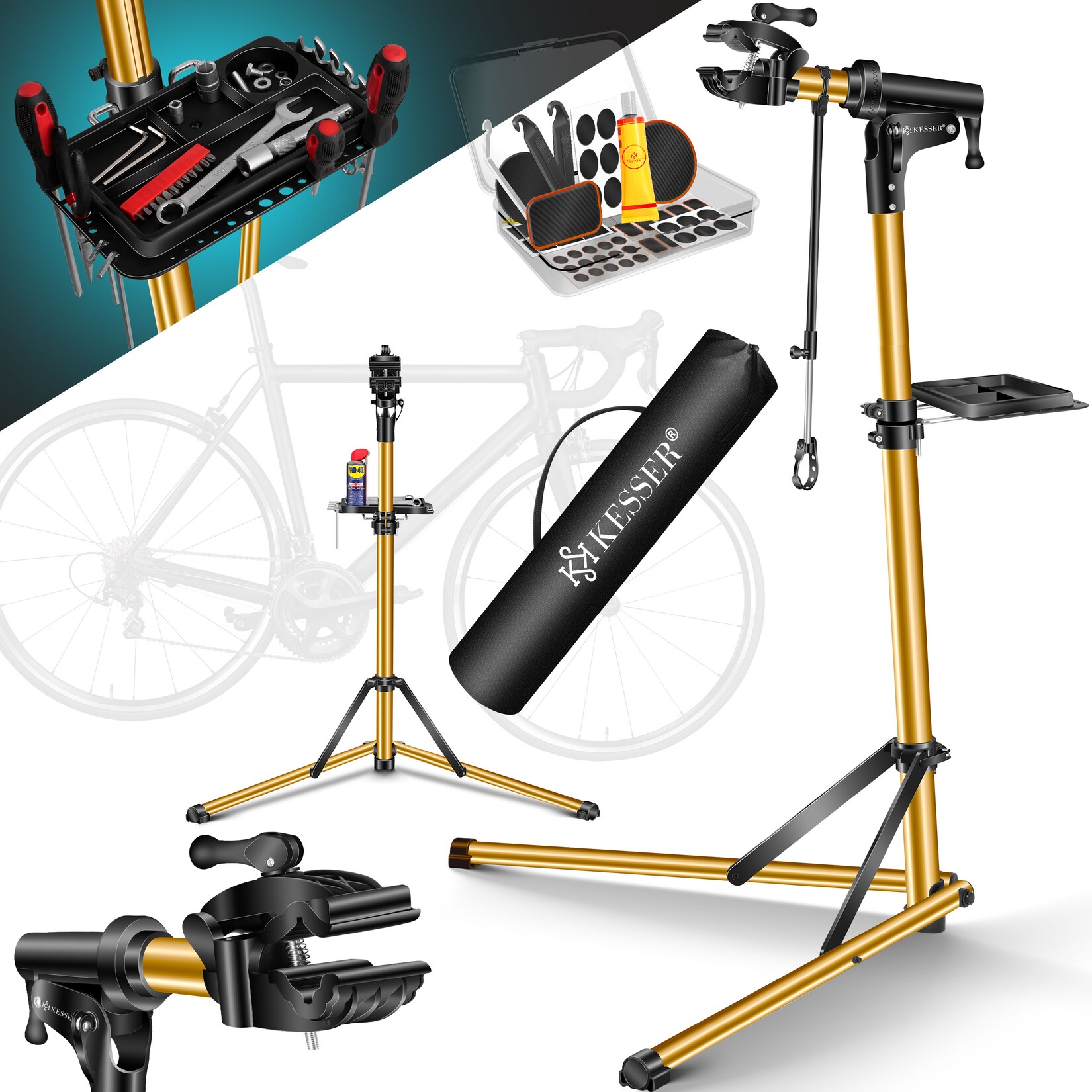 KESSER® Fahrradmontageständer Premium Profi 50kg - 360° drehbar für E-Bike, Mountainbike & Fahrrad, höhenverstellbarer Reparaturständer, mit Werkzeugablage, Tragetasche & Lenkerfixierung