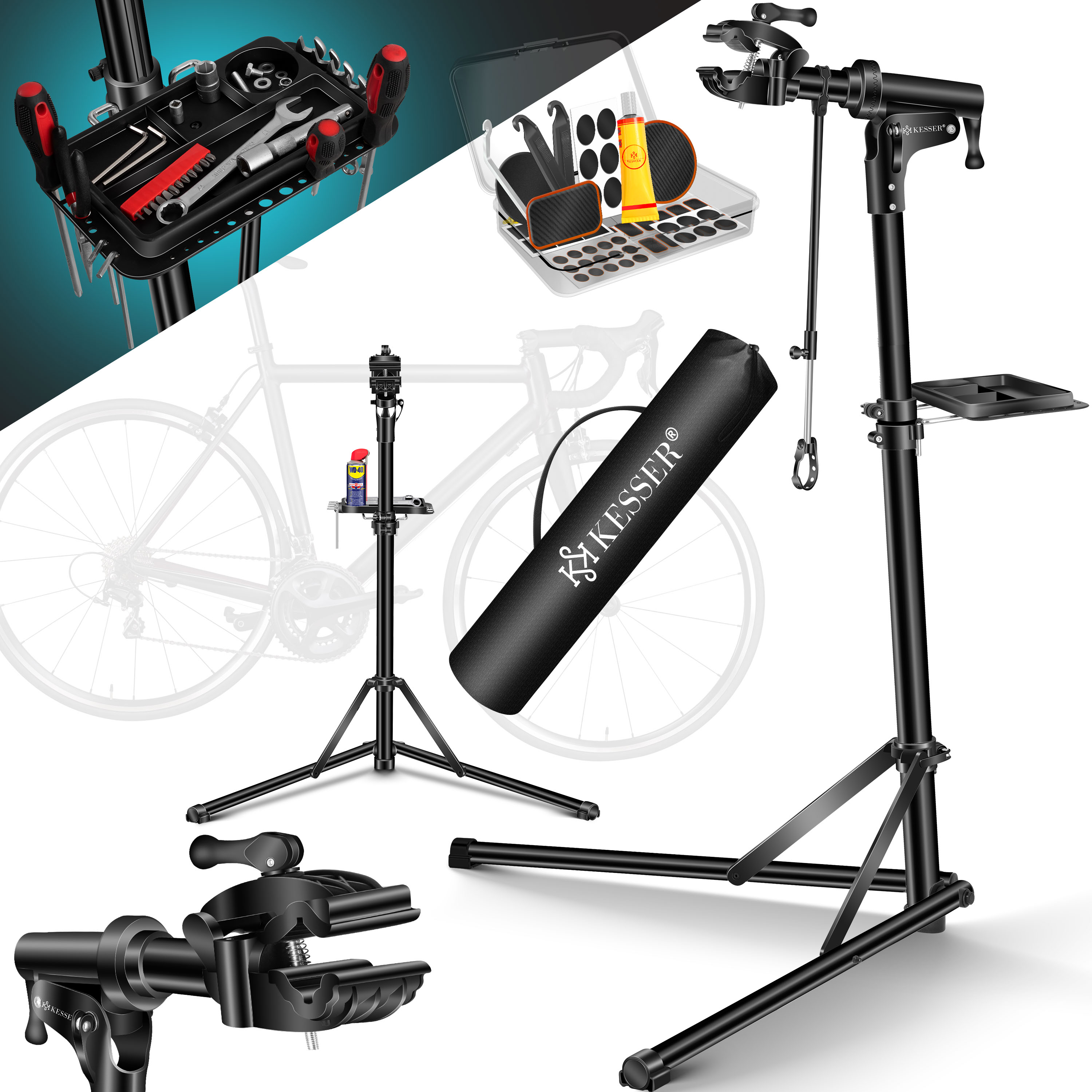 KESSER&reg; Fahrradmontagest&auml;nder Profi Reparaturst&auml;nder Aluminium f&uuml;r Fahrr&auml;der Mountainbikes E-bike Schwerlast-Montagest&auml;nder Fahrradst&auml;nder  +Tasche mit Schnelll&ouml;sevorrichtungen Klemmkopf 360&deg; drehbar - Bild 1