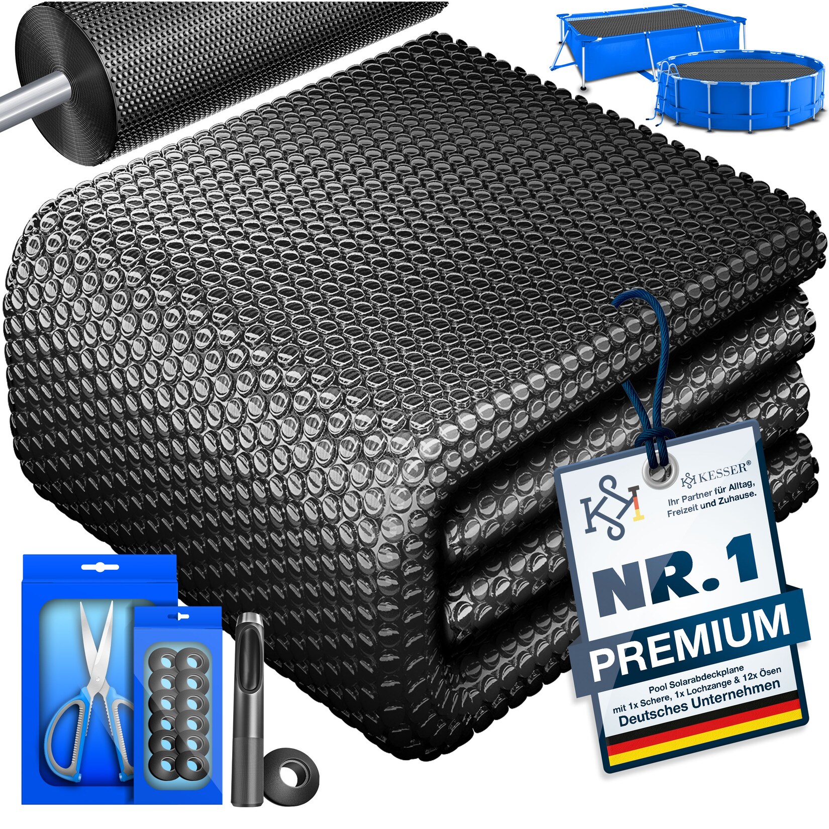 ® Pool Solarabdeckplane   Solarfolie Stärke 120µm   Solarabdeckung Solarplane zuschneidbar   Poolsolarplane Solar Folie inkl. 1x Schere, 1x Lochzange & 12x Ösen   Poolheizung für Wassererwärmung