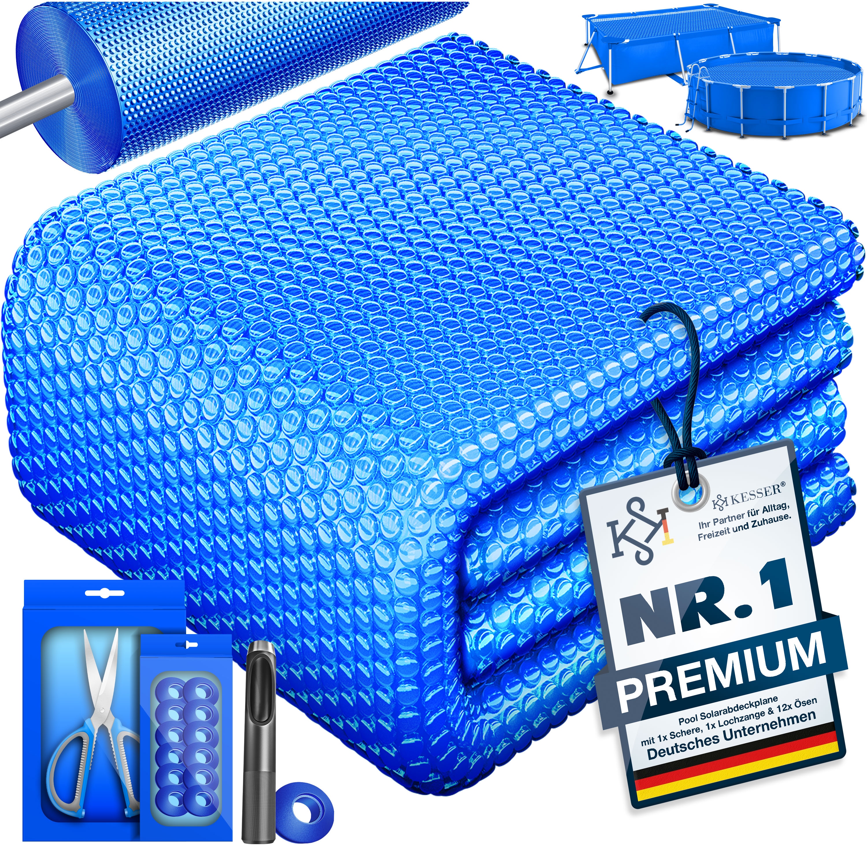 KESSER&reg; Pool Solarabdeckplane | Solarfolie St&auml;rke 120&micro;m | Solarabdeckung Solarplane zuschneidbar | Poolsolarplane Solar Folie inkl. 1x Schere, 1x Lochzange & 12x &Ouml;sen | Poolheizung f&uuml;r Wassererw&auml;rmung - Bild 1