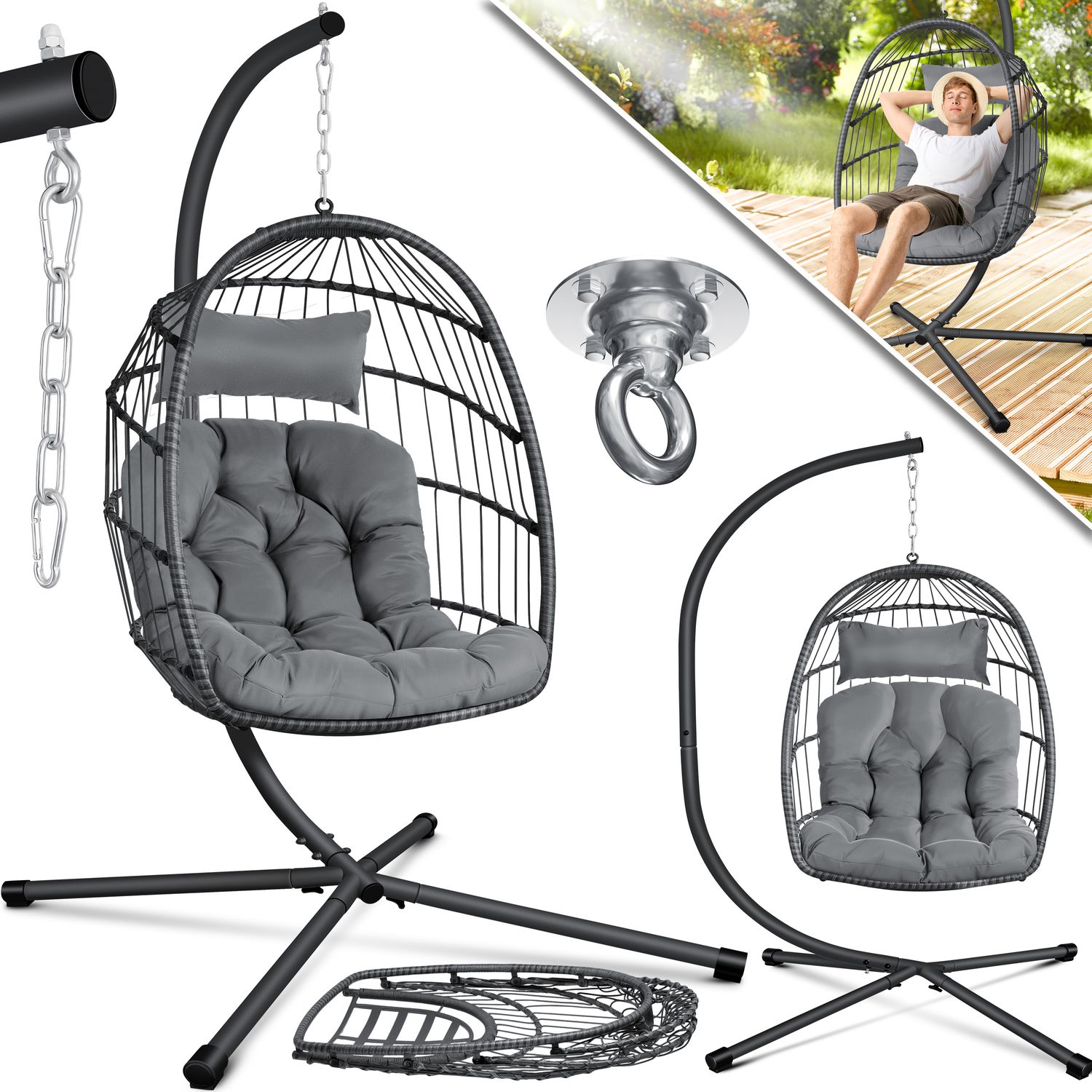KESSER&reg; H&auml;ngesessel Jungle mit Gestell Stahl H&auml;ngekorb Sessel Inkl. Gro&szlig;en Kissen + Decken Halterung - H&auml;ngeschaukel H&auml;ngesitz Indoor - Outdoor Schaukel H&auml;ngestuhl f&uuml;r Kinder und Erwachsene - Bild 1
