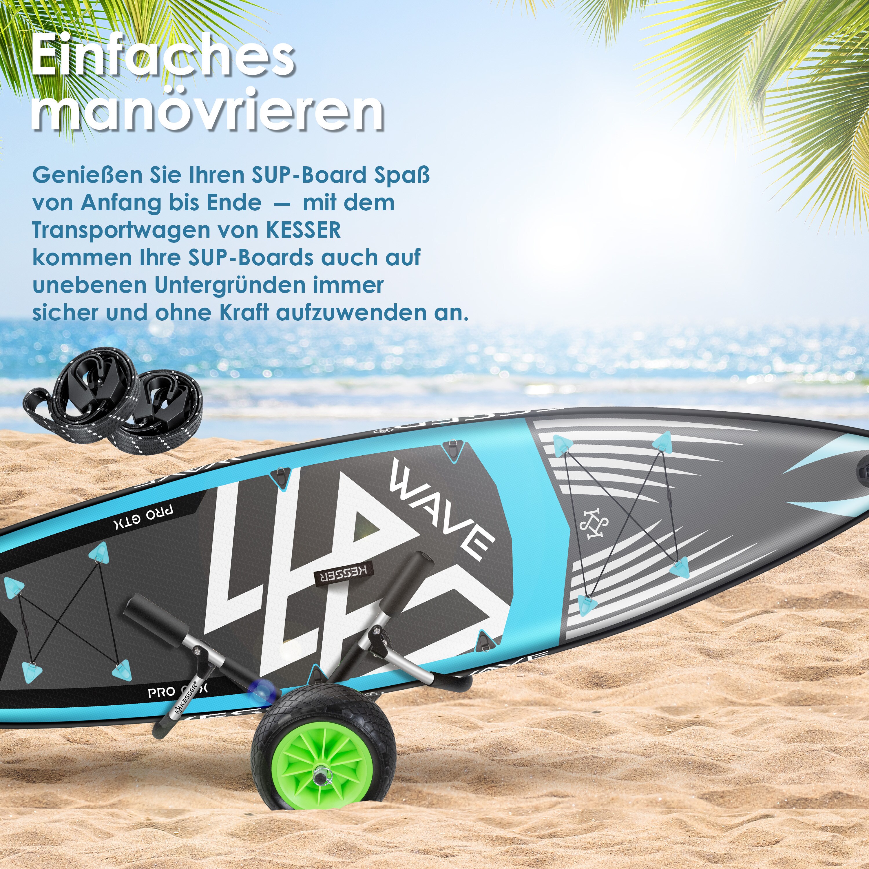Vigevee SUP-Transportwagen – Klappbar, Gepolstert, Mit 2 Gurten – Für Boards Bis 80 Kg – Salzwasserbeständiges Aluminium
