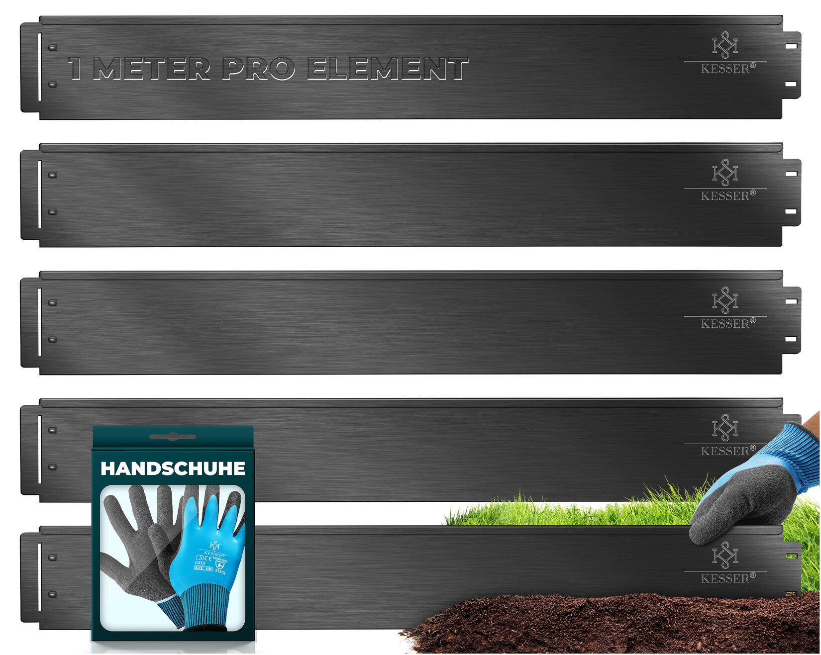 KESSER® Rasenkante Beeteinfassung Beetumrandung 5 bis 50m Beetbegrenzung Rasenbleche Mähkante Metall Palisade Inkl. Handschuhe