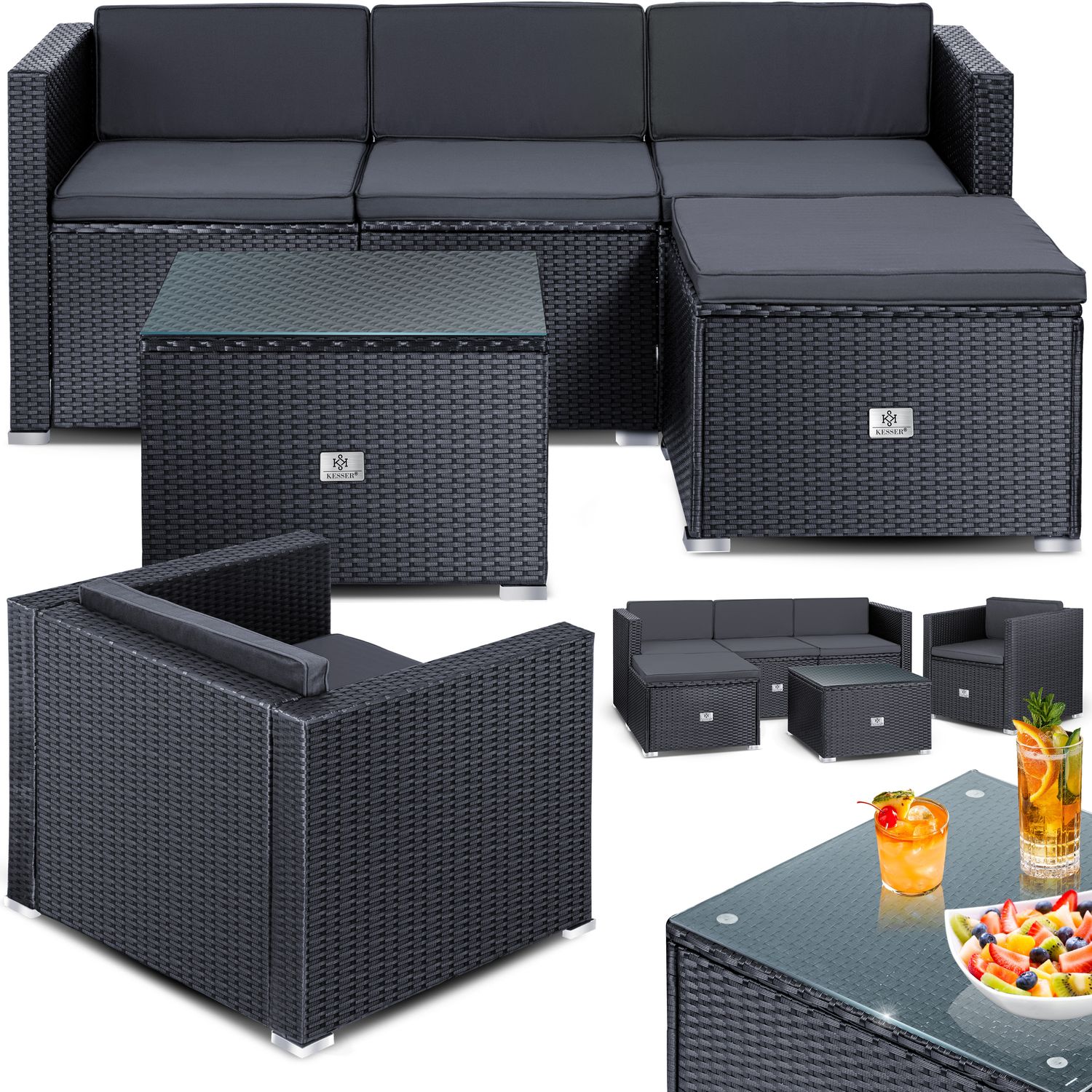 KESSER&reg; Polyrattan Lounge Aruba &ndash; Gartenlounge f&uuml;r 4-5 Personen Gartenm&ouml;bel-Set Sitzgruppe aus 3er Gartensofa, Sessel, Hocker und Beistelltisch mit Sitzkissen - f&uuml;r Garten, Terrasse und Balkon - Bild 1