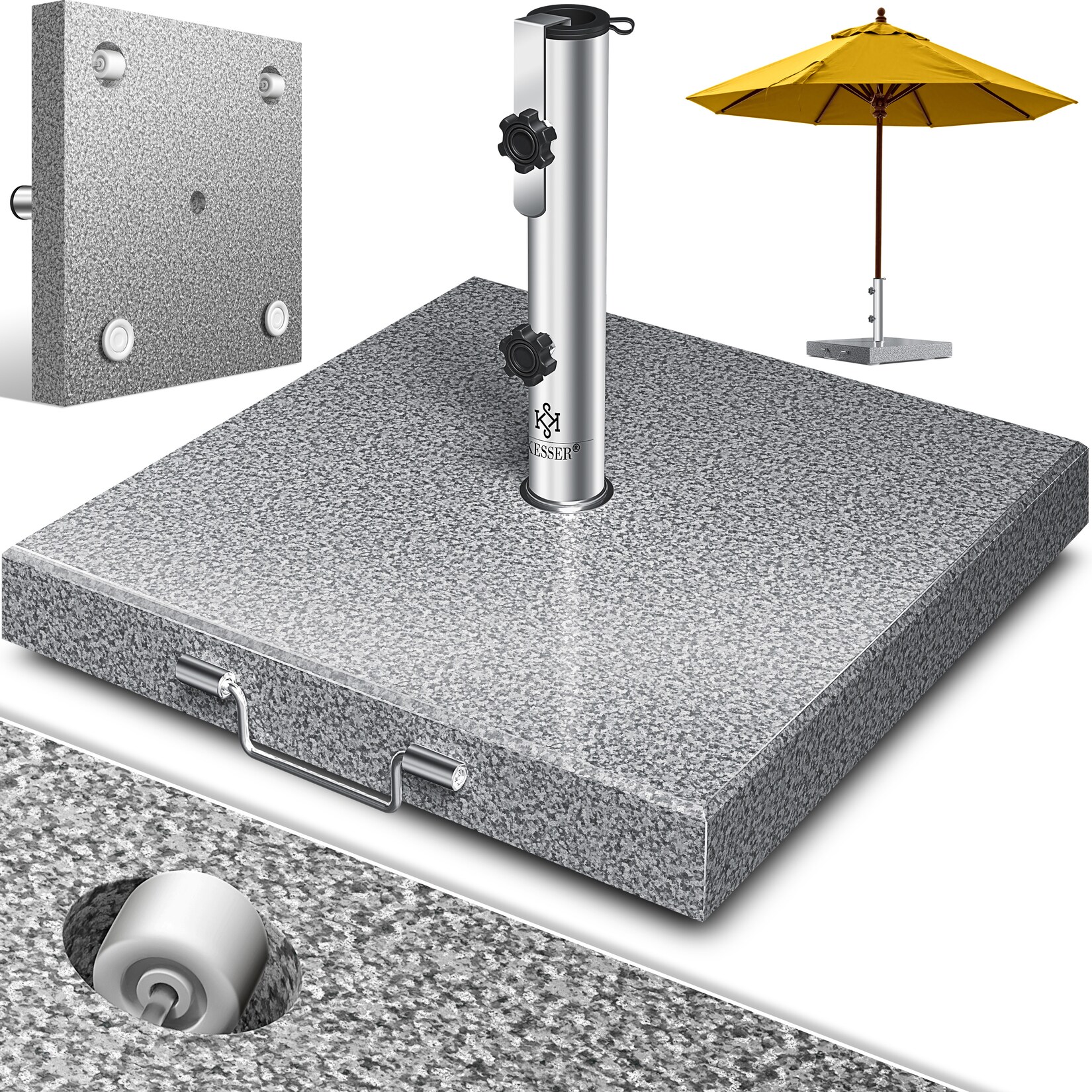 KESSER® Granit Sonnenschirmständer mit Edelstahlrohr, Hochwertiger Schirmständer Sockel 30KG - für Schirmstöcke bis 16-48 mm, Inkl. Transport Griff Garten Balkonschirmständer