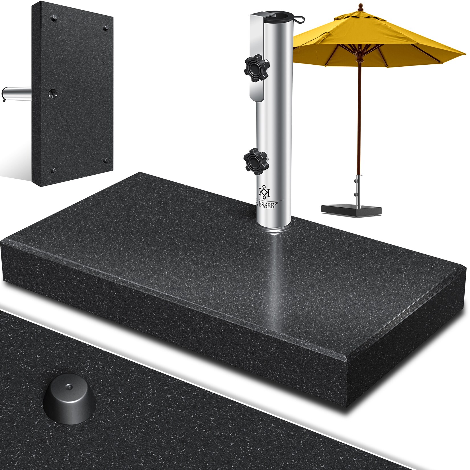 KESSER® Granit Sonnenschirmständer mit Edelstahlrohr, Hochwertiger Schirmständer Sockel 30KG - für Schirmstöcke bis 16-48 mm, Inkl. Transport Griff Garten Balkonschirmständer