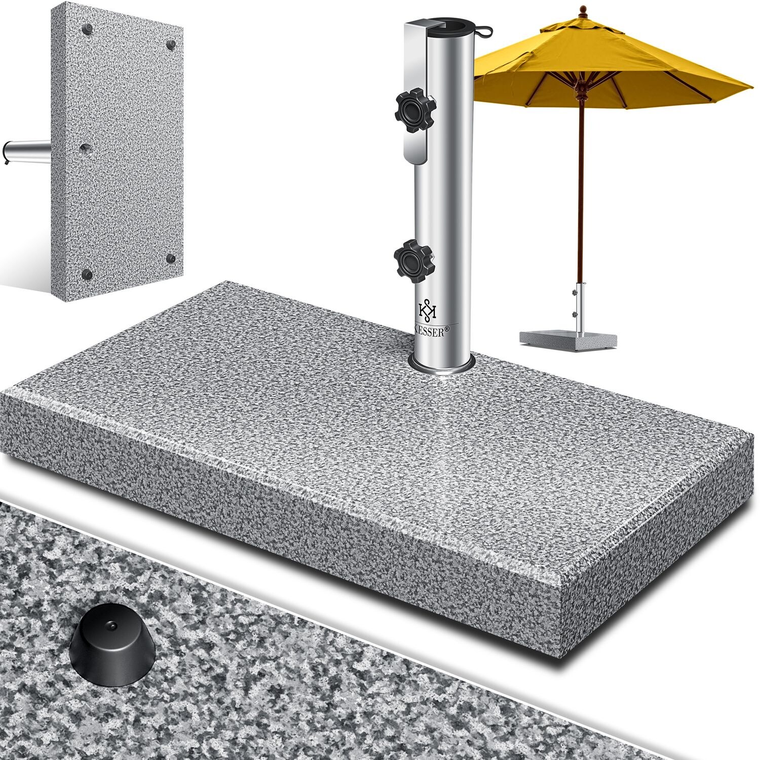 KESSER® Granit Sonnenschirmständer mit Edelstahlrohr, Hochwertiger Schirmständer Sockel 30KG – für Schirmstöcke bis 16-48 mm, Inkl. Transport Griff Garten Balkonschirmständer | 04260729118561