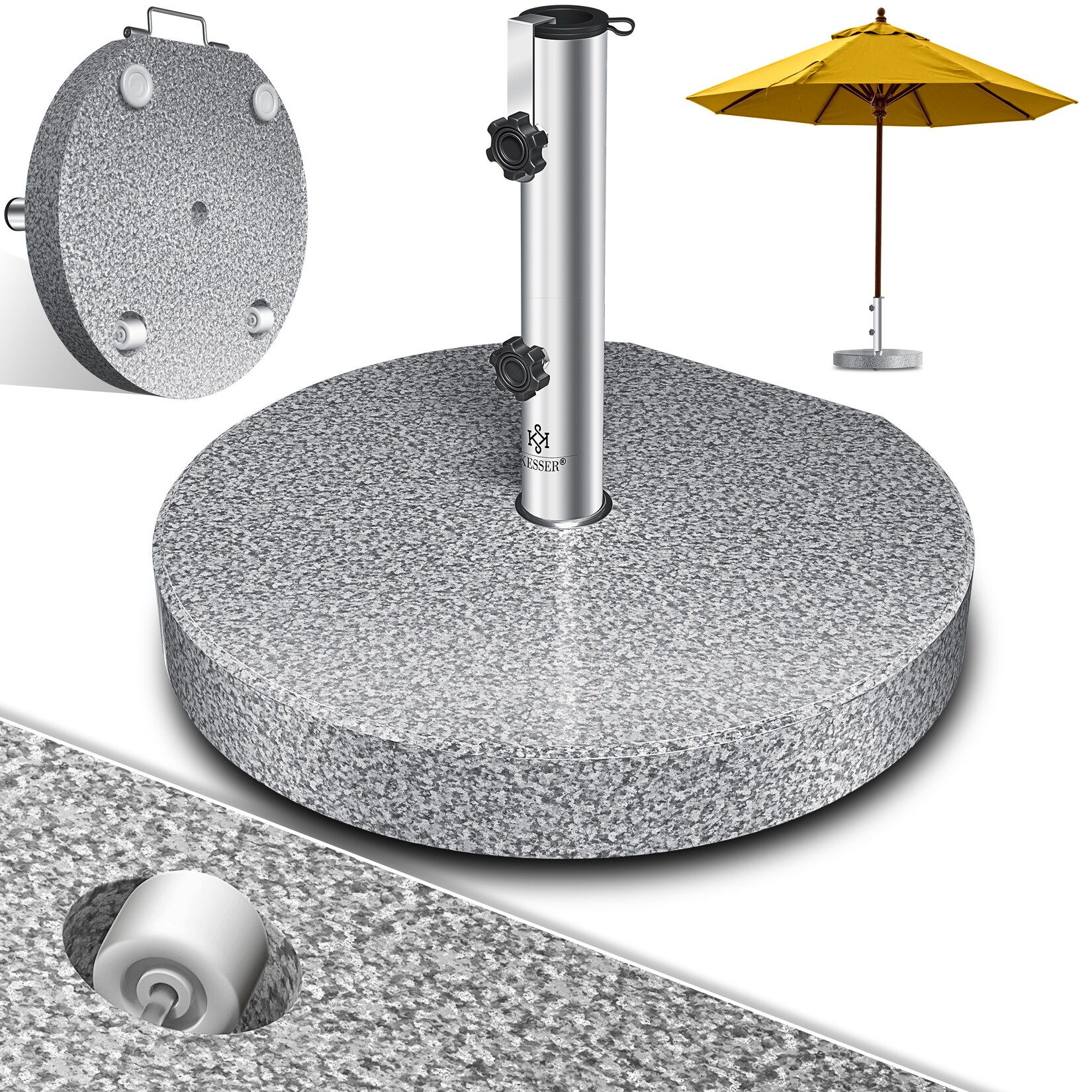 KESSER® Granit Sonnenschirmständer mit Edelstahlrohr, Hochwertiger Schirmständer Sockel 30KG - für Schirmstöcke bis 16-48 mm, Inkl. Transport Griff Garten Balkonschirmständer