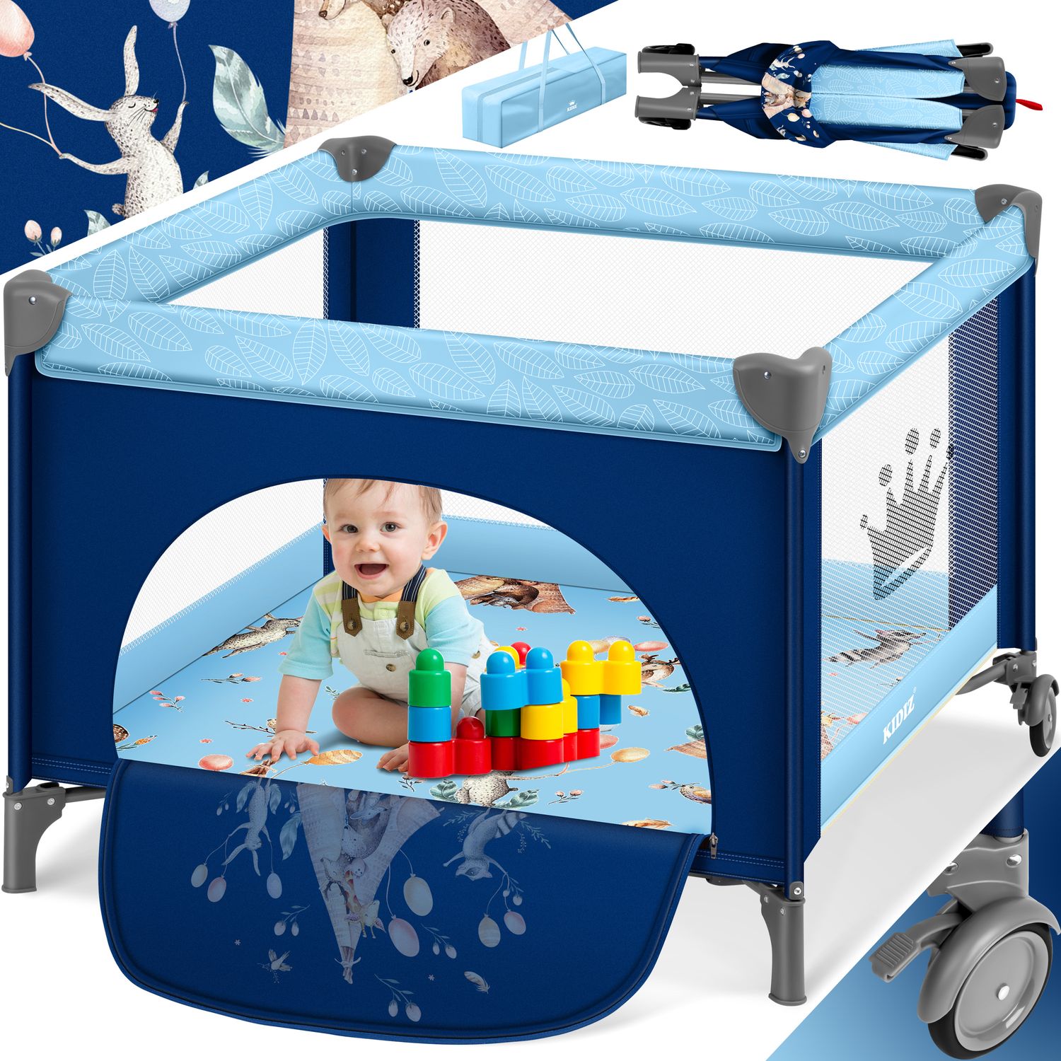 KIDIZ&reg; Baby Laufstall faltbar Kinderbett, Reisebett zusammenklappbar ab Geburt bis 15 kg, Seiteneingang, Sicherungssystem LockGuard, Mit R&auml;der, Inkl. Tragetasche Krabbelgitter - Bild 1