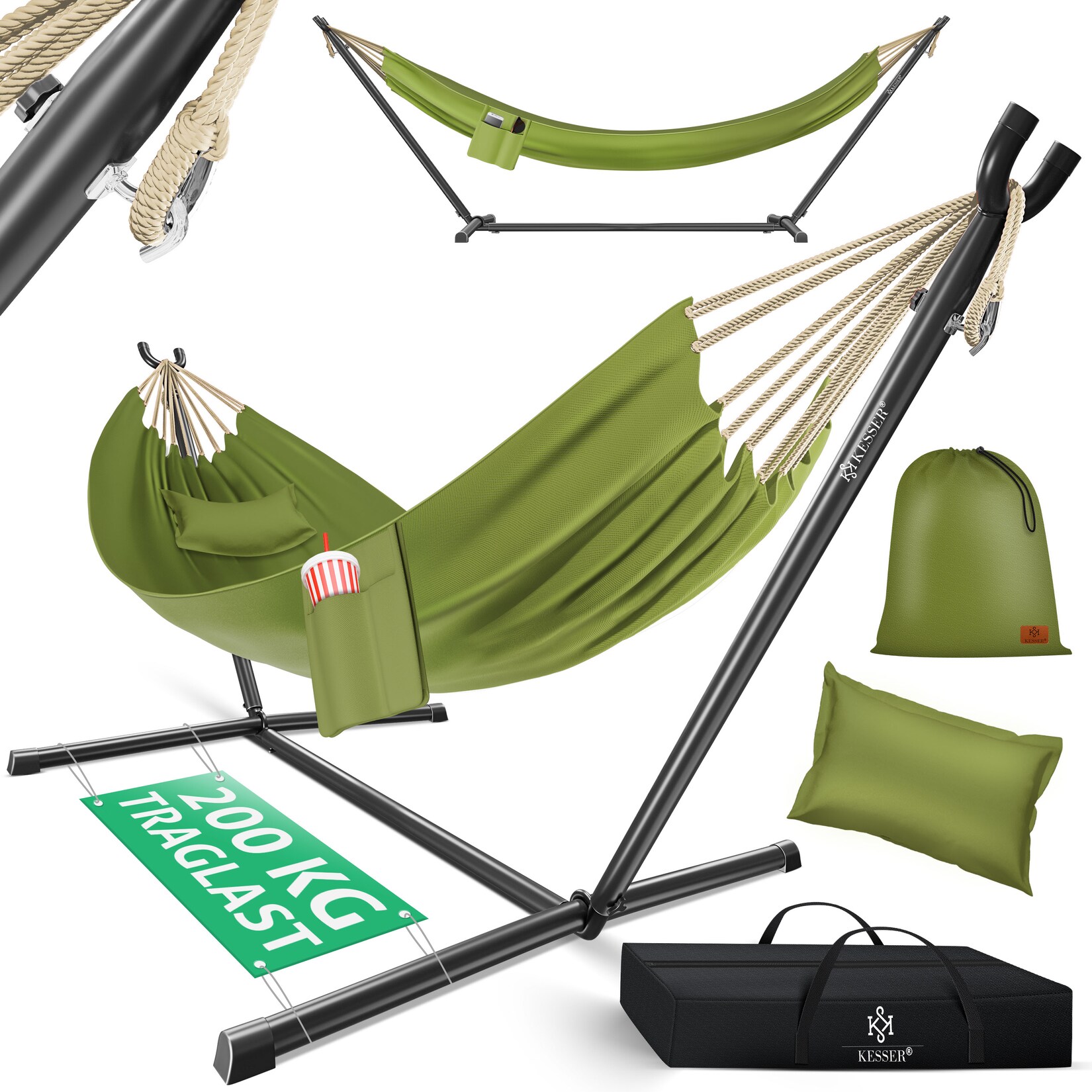 KESSER® Hängematte LAKE mit Gestell Doppelhängematte für 2 Personen-Stabiler Rahmen 200kg Belastbarkeit Indoor & Outdoor XXL Hängesessel Doppel Mehrpersonen Garten Pool Balkon Terrasse