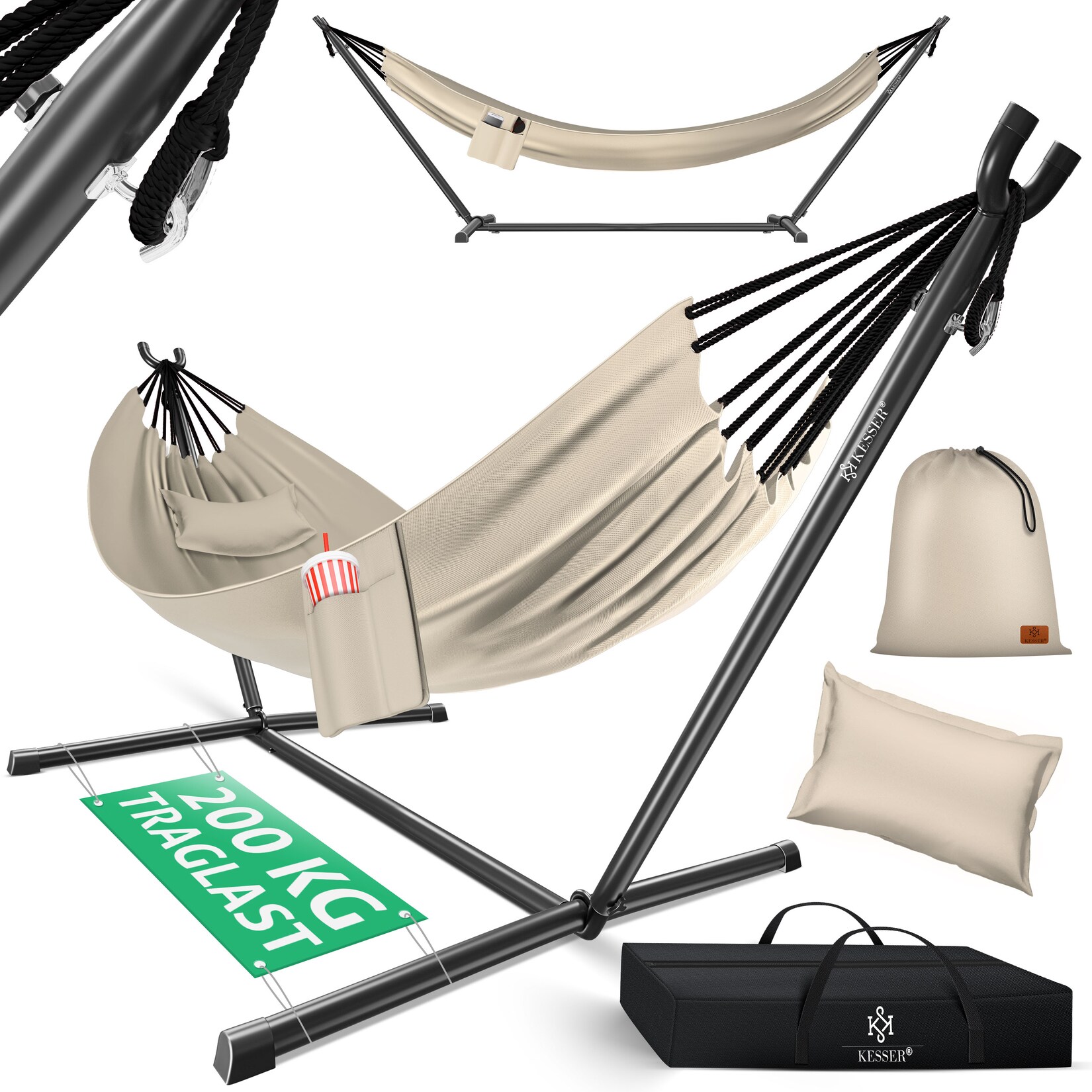KESSER® Hängematte LAKE mit Gestell Doppelhängematte für 2 Personen-Stabiler Rahmen 200kg Belastbarkeit Indoor & Outdoor XXL Hängesessel Doppel Mehrpersonen Garten Pool Balkon Terrasse