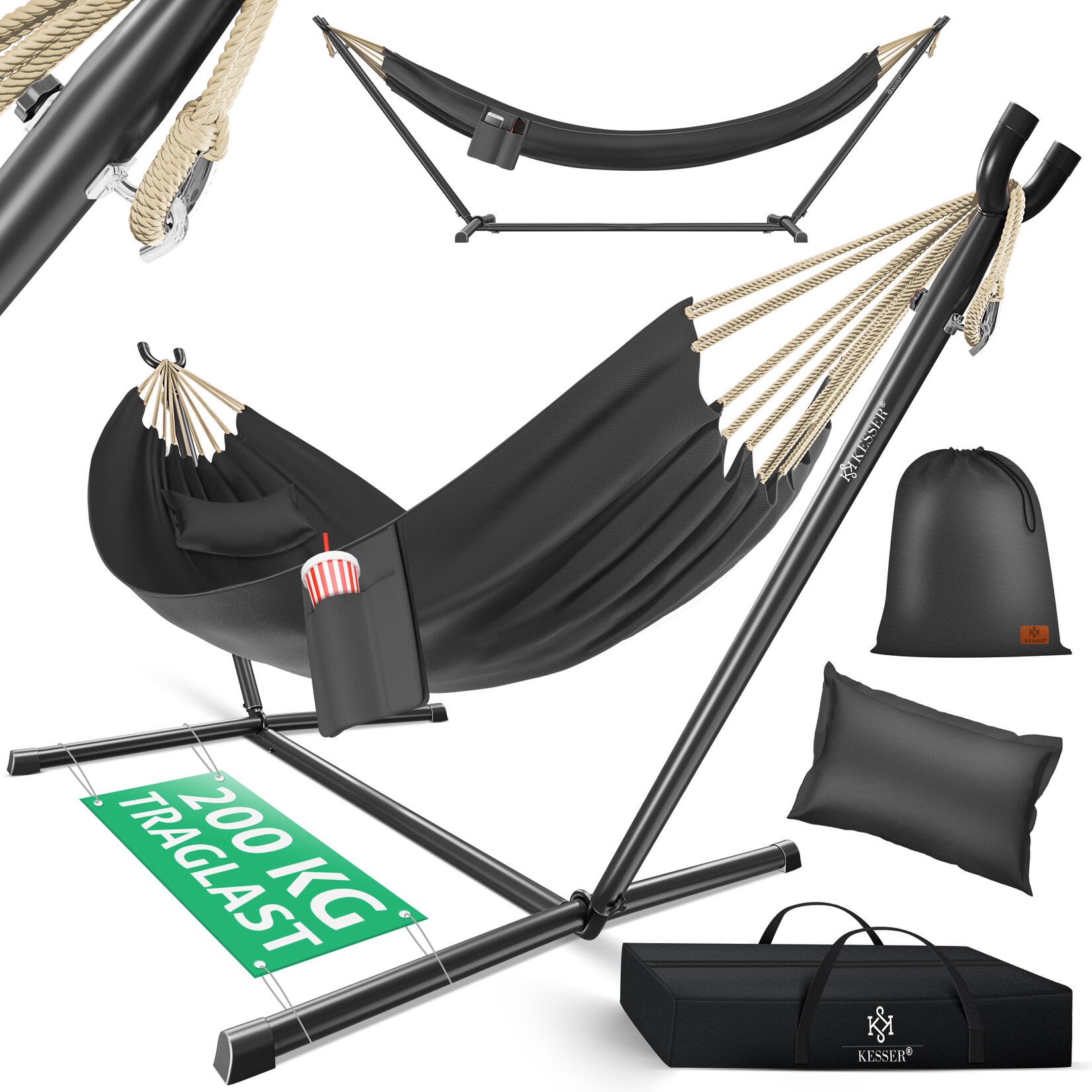 KESSER® Hängematte LAKE mit Gestell Doppelhängematte für 2 Personen-Stabiler Rahmen 200kg Belastbarkeit Indoor & Outdoor XXL Hängesessel Doppel Mehrpersonen Garten Pool Balkon Terrasse | 04260729115478