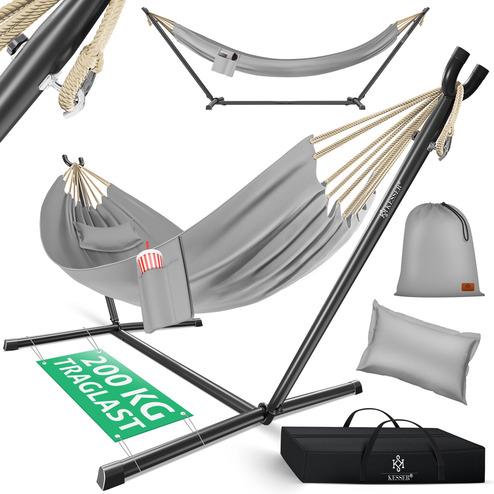 KESSER® Hängematte LAKE mit Gestell Doppelhängematte für 2 Personen-Stabiler Rahmen 200kg Belastbarkeit Indoor & Outdoor XXL Hängesessel Doppel Mehrpersonen Garten Pool Balkon Terrasse