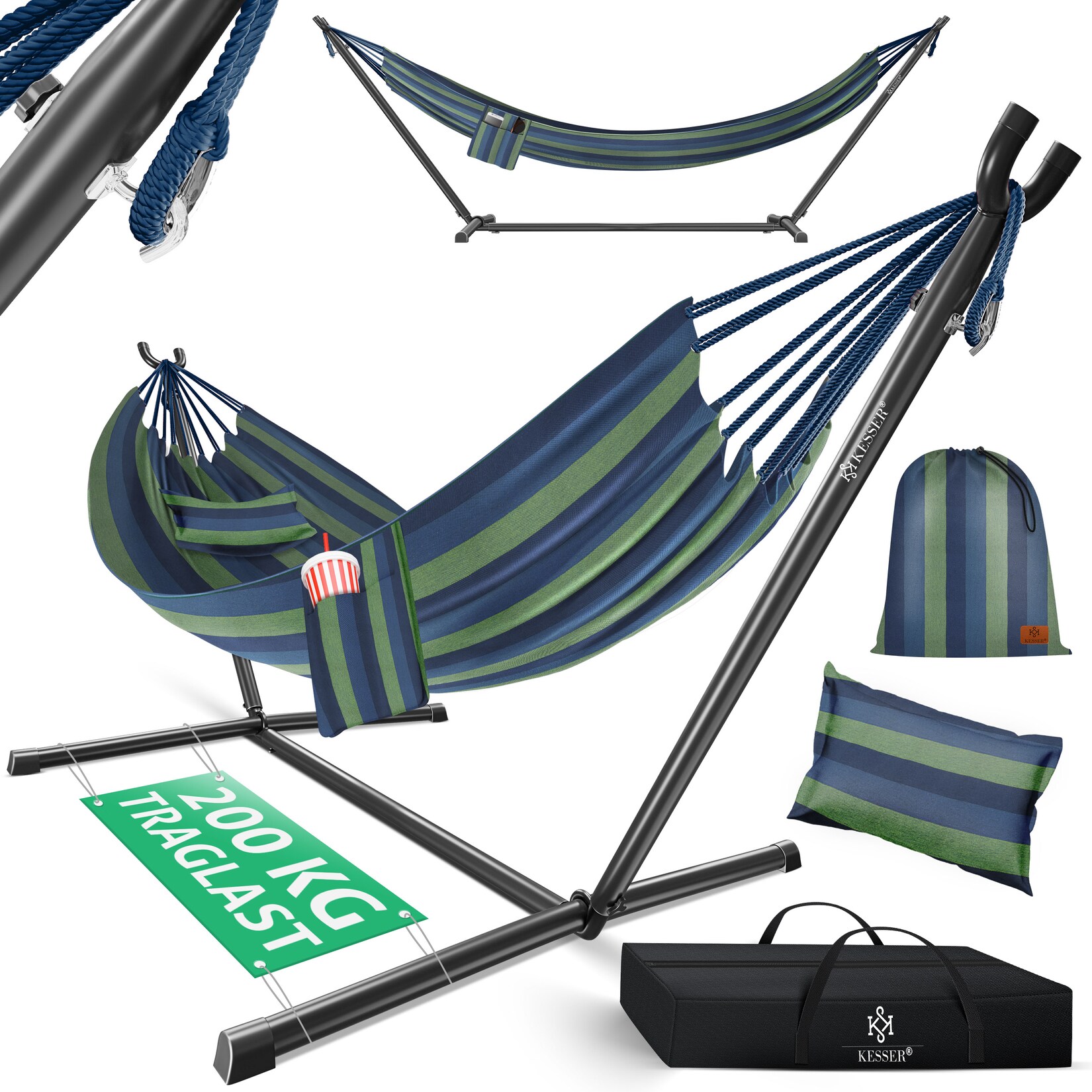 KESSER® Hängematte LAKE mit Gestell Doppelhängematte für 2 Personen-Stabiler Rahmen 200kg Belastbarkeit Indoor & Outdoor XXL Hängesessel Doppel Mehrpersonen Garten Pool Balkon Terrasse