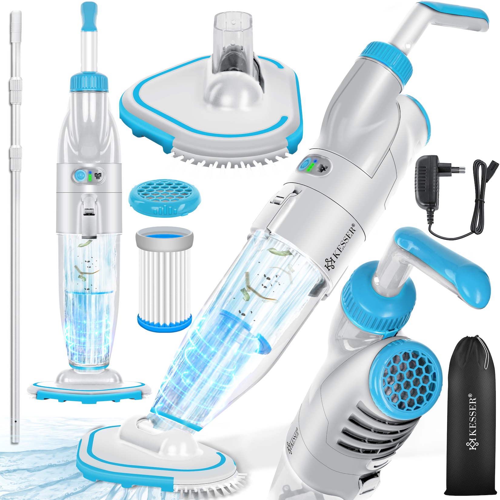 KESSER® Poolsauger mit Akku elektrisch Pool Bodensauger Handsauger Poolreiniger mit Filter & 2-Geschwindigkeits-System Handsauger Reinigungsset kabellos, Inkl. Abdeckung