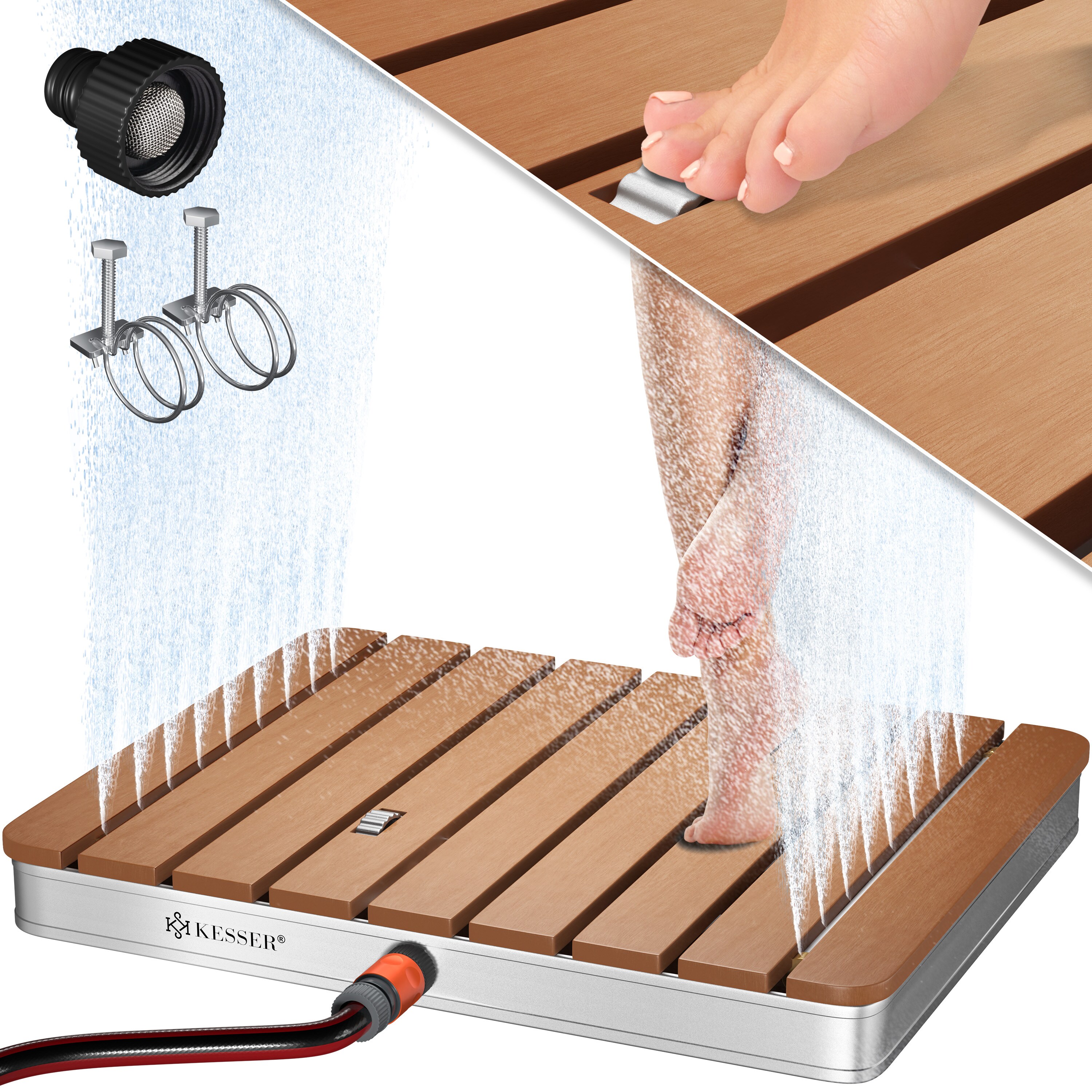 KESSER&reg; Gartendusche Bodendusche Au&szlig;endusche Saunadusche Campingdusche 70x55 cm Rechteck Font&auml;nenh&ouml;he bis 4 m einstellbar Mit Fu&szlig;rad, Aluminium/WPC, rutschfeste Standfl&auml;che Wetterfest, Holzoptik - Bild 1