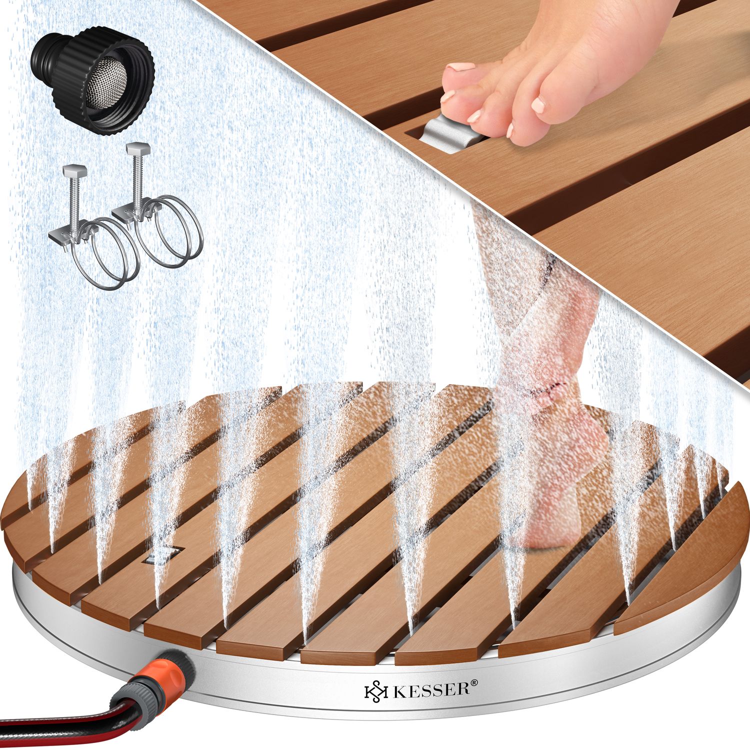 KESSER&reg; Gartendusche Bodendusche Au&szlig;endusche Saunadusche Campingdusche 70x55 cm Rechteck Font&auml;nenh&ouml;he bis 4 m einstellbar Mit Fu&szlig;rad, Aluminium/WPC, rutschfeste Standfl&auml;che Wetterfest, Holzoptik - Bild 1