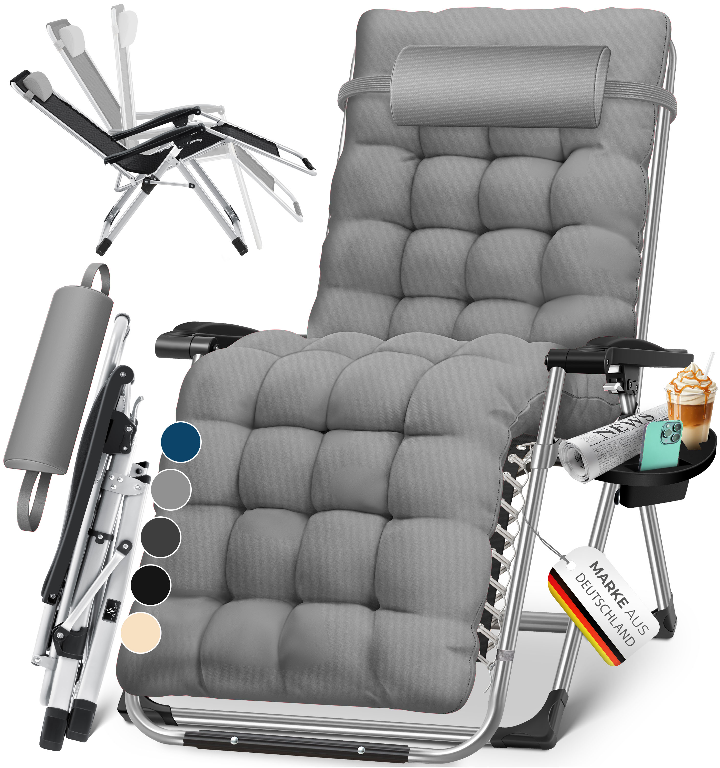 KESSER&reg; Sonnenliege Liegestuhl Klappbar Mit Getr&auml;nkehalter Gartenstuhl Mit Auflage Polster, Liegestuhl, Extra gro&szlig; Gartenliege, Verstellbar R&uuml;ckenlehne Garten Liege mit Kissen-Unterst&uuml;tzung - Bild 1