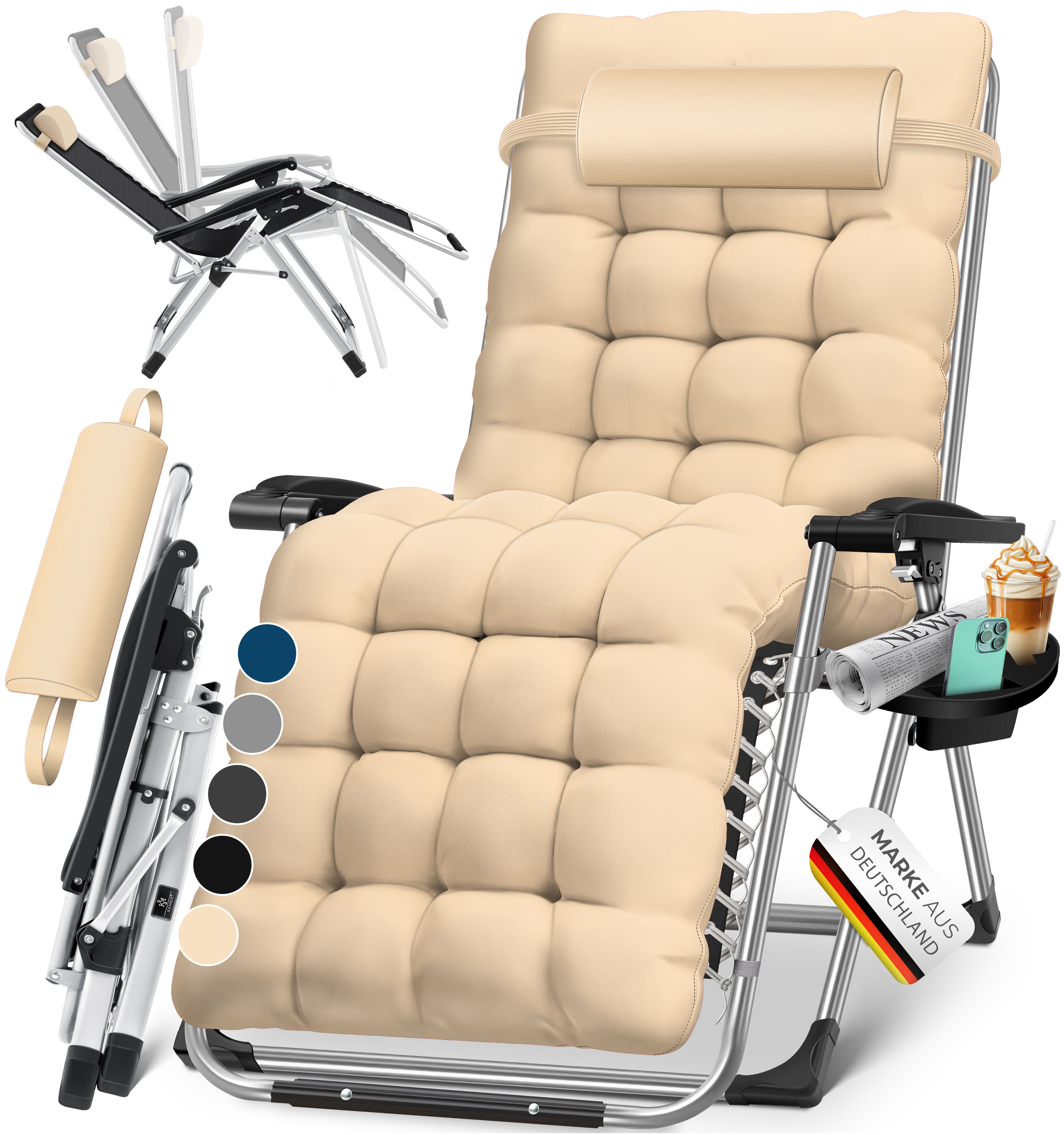 KESSER&reg; Sonnenliege Liegestuhl Klappbar Mit Getr&auml;nkehalter Gartenstuhl Mit Auflage Polster, Liegestuhl, Extra gro&szlig; Gartenliege, Verstellbar R&uuml;ckenlehne Garten Liege mit Kissen-Unterst&uuml;tzung - Bild 1