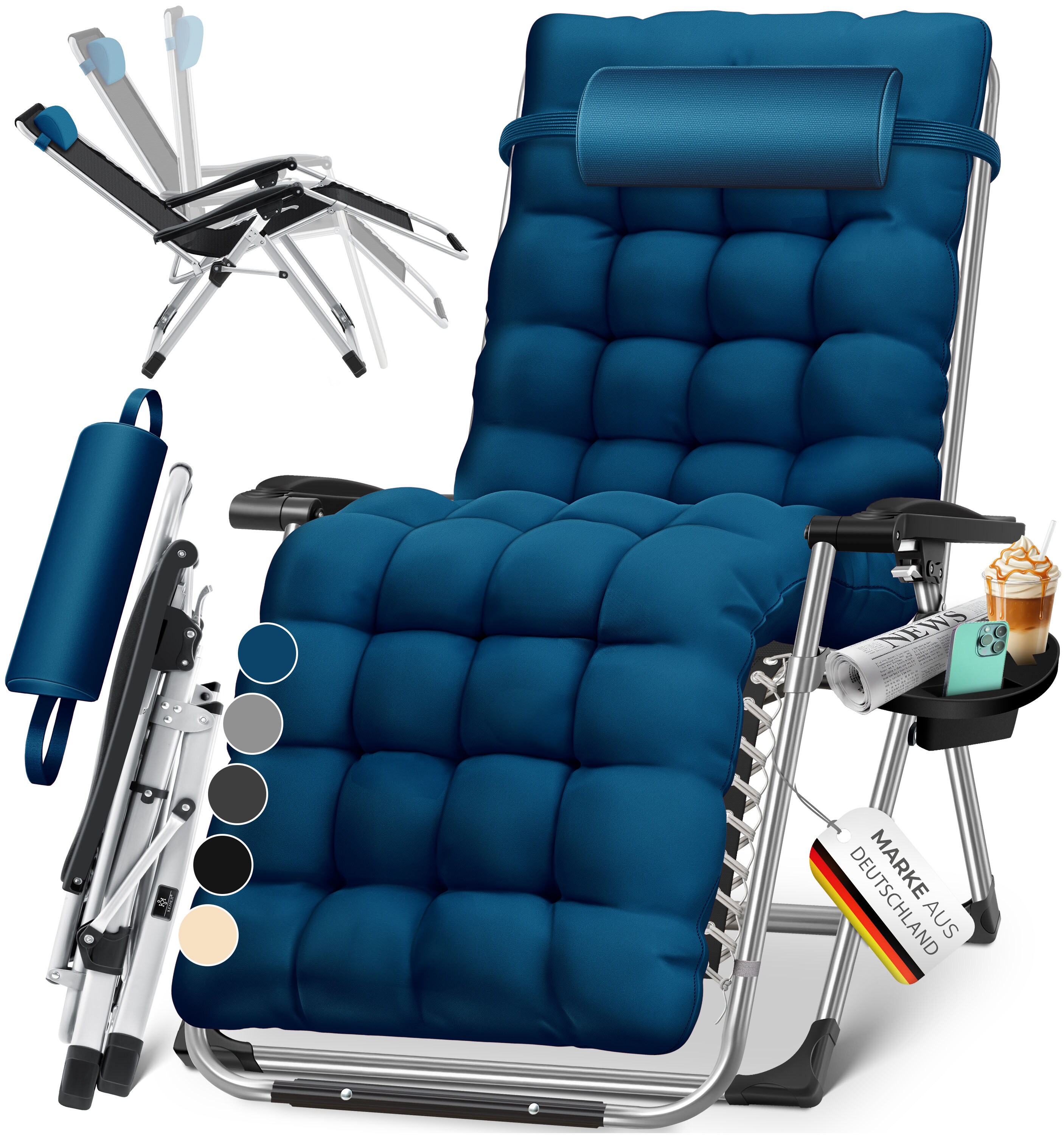 KESSER&reg; Sonnenliege Liegestuhl Klappbar Mit Getr&auml;nkehalter Gartenstuhl Mit Auflage Polster, Liegestuhl, Extra gro&szlig; Gartenliege, Verstellbar R&uuml;ckenlehne Garten Liege mit Kissen-Unterst&uuml;tzung - Bild 1